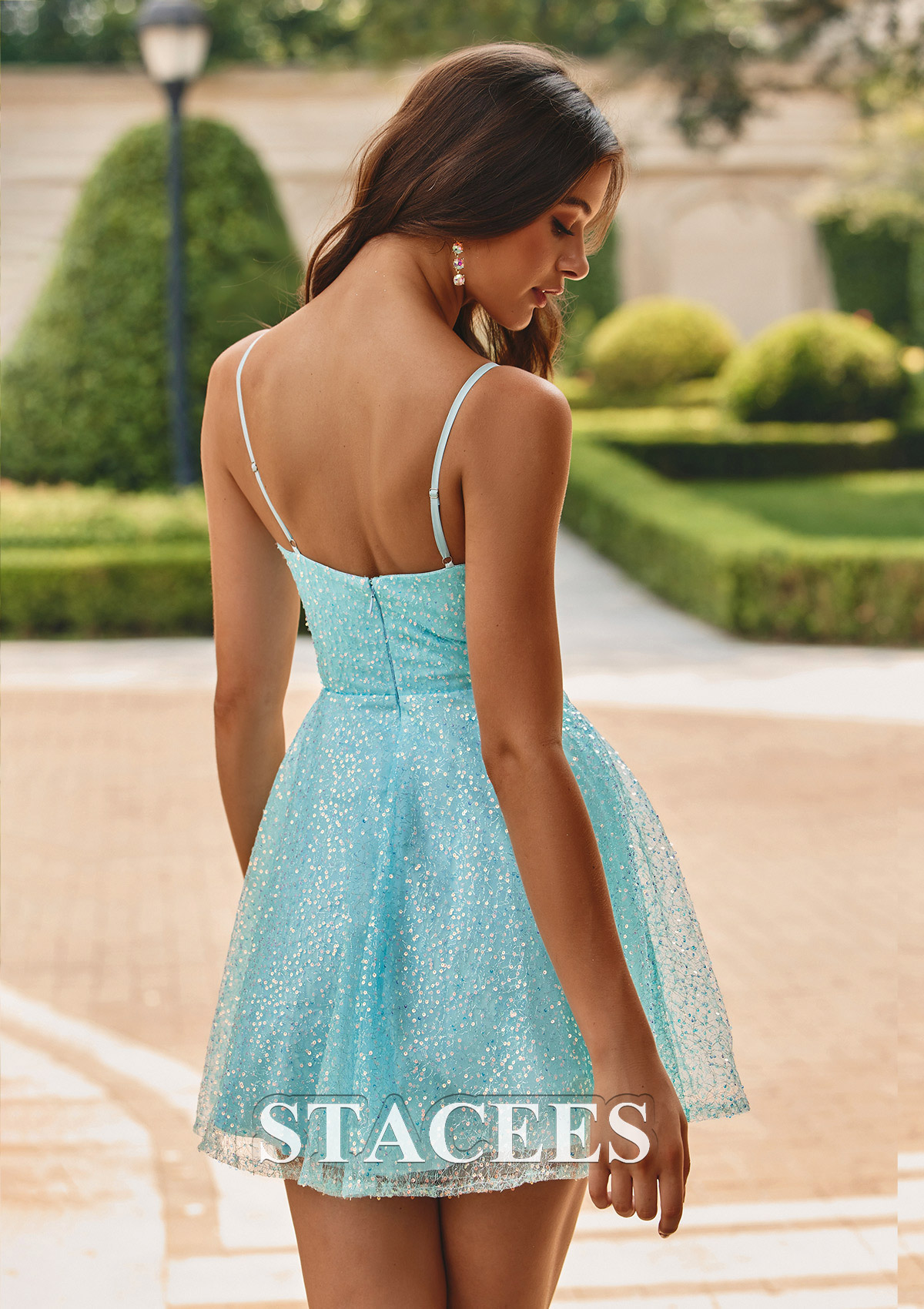 Turquoise Robe trapèze scoop paillettes courte/mini robe de fête de la rentrée  - STACEES