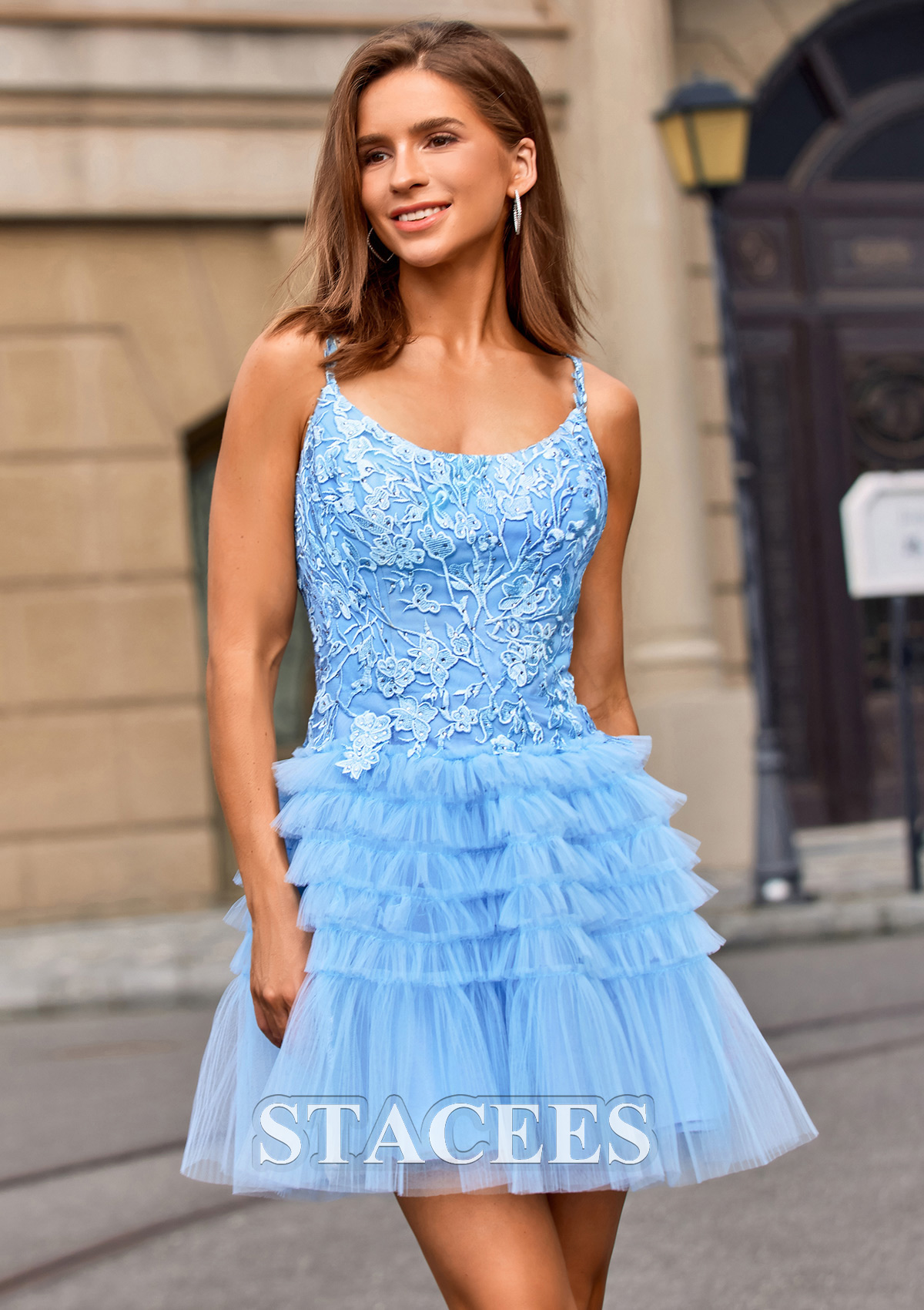 Bleu Ciel Robe trapèze scoop tulle courte/mini robe de fête de la rentrée  - STACEES