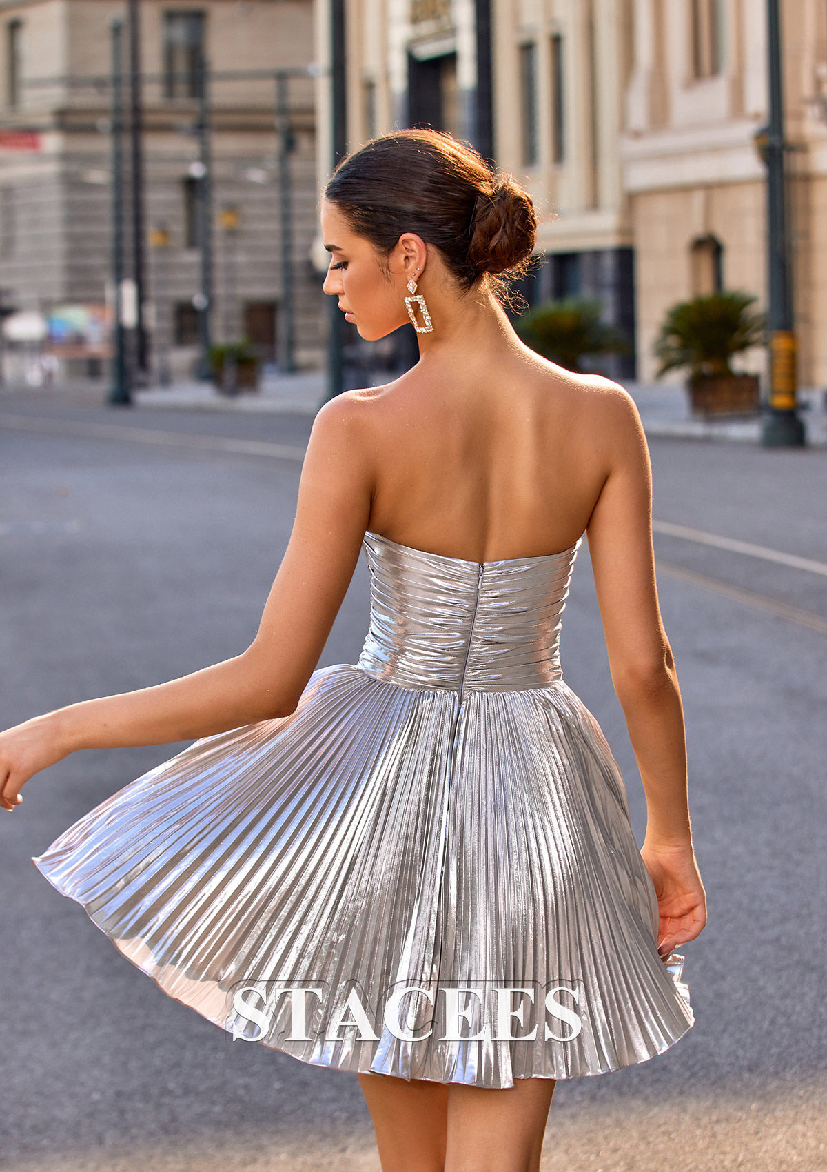 Silver A-line Strapless Ruched Metallic Satin Homecoming Dress - STACEES