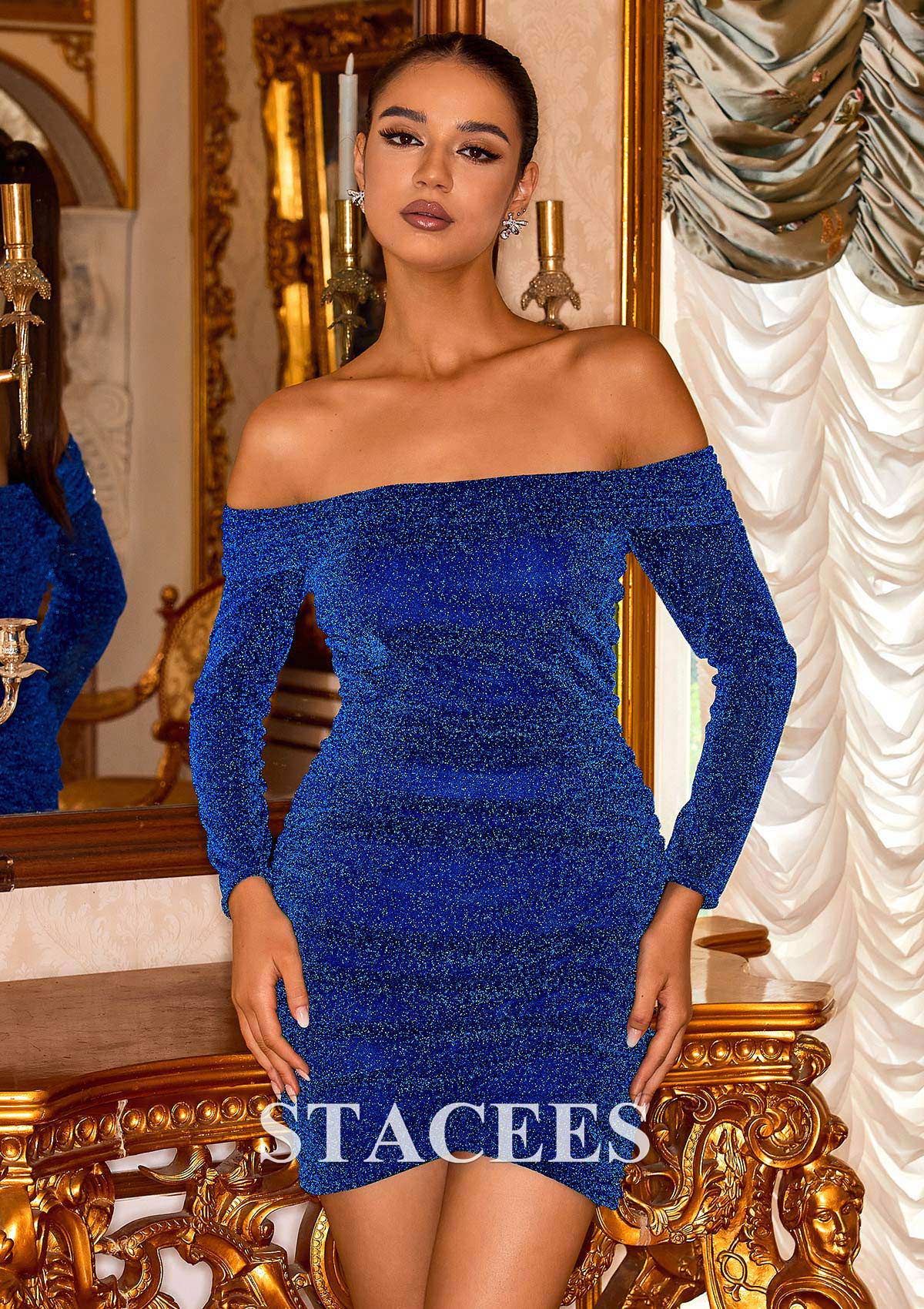 Royal Blue Cubierta hombros descubiertos corto/mini tejer vestido para homecoming - STACEES