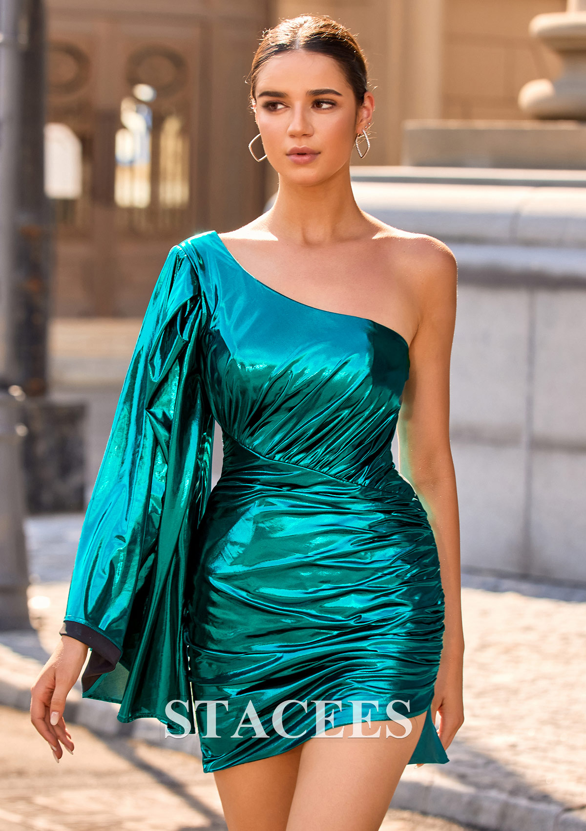 Teal Sheath/Column One-Shoulder Short/Mini Metallic Homecoming Dress with Pleated Split - STACEES