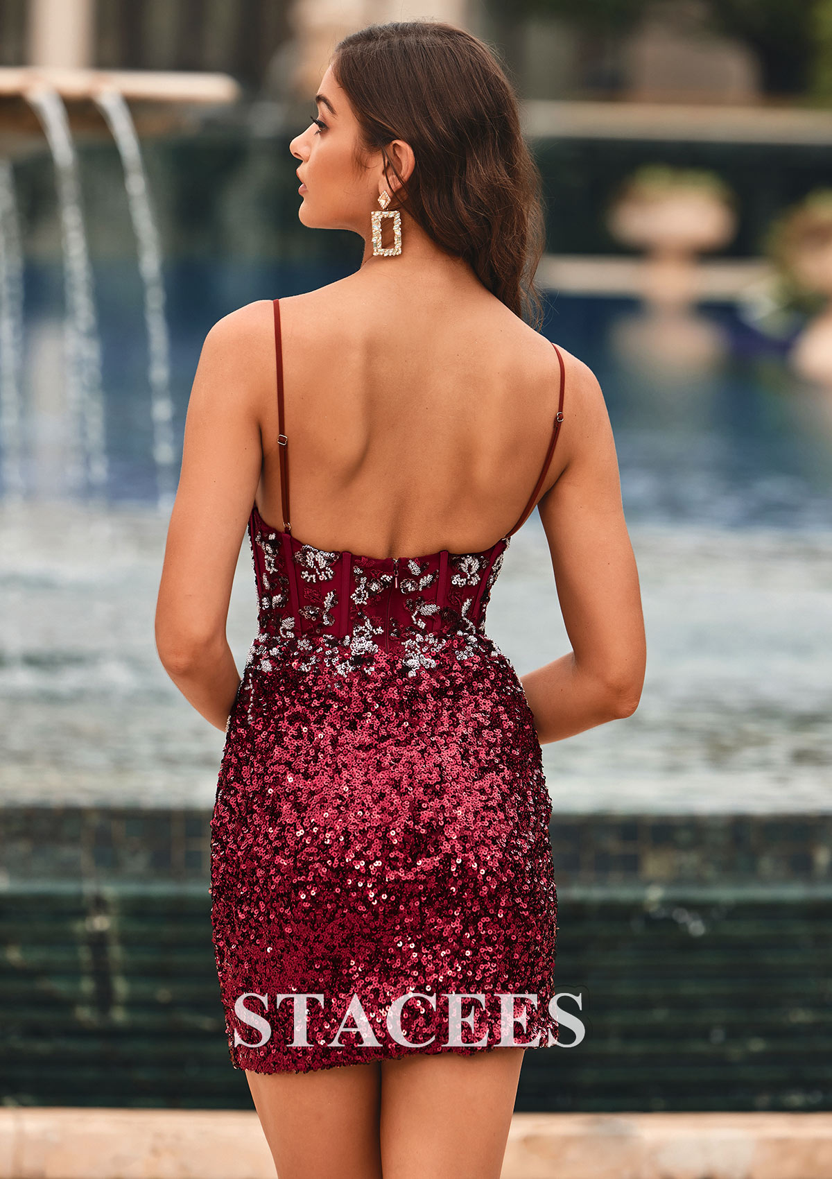 Red Sheath/Column V Neck Sequined Short/Mini Homecoming Dress with Appliqued Beading Split - STACEES
