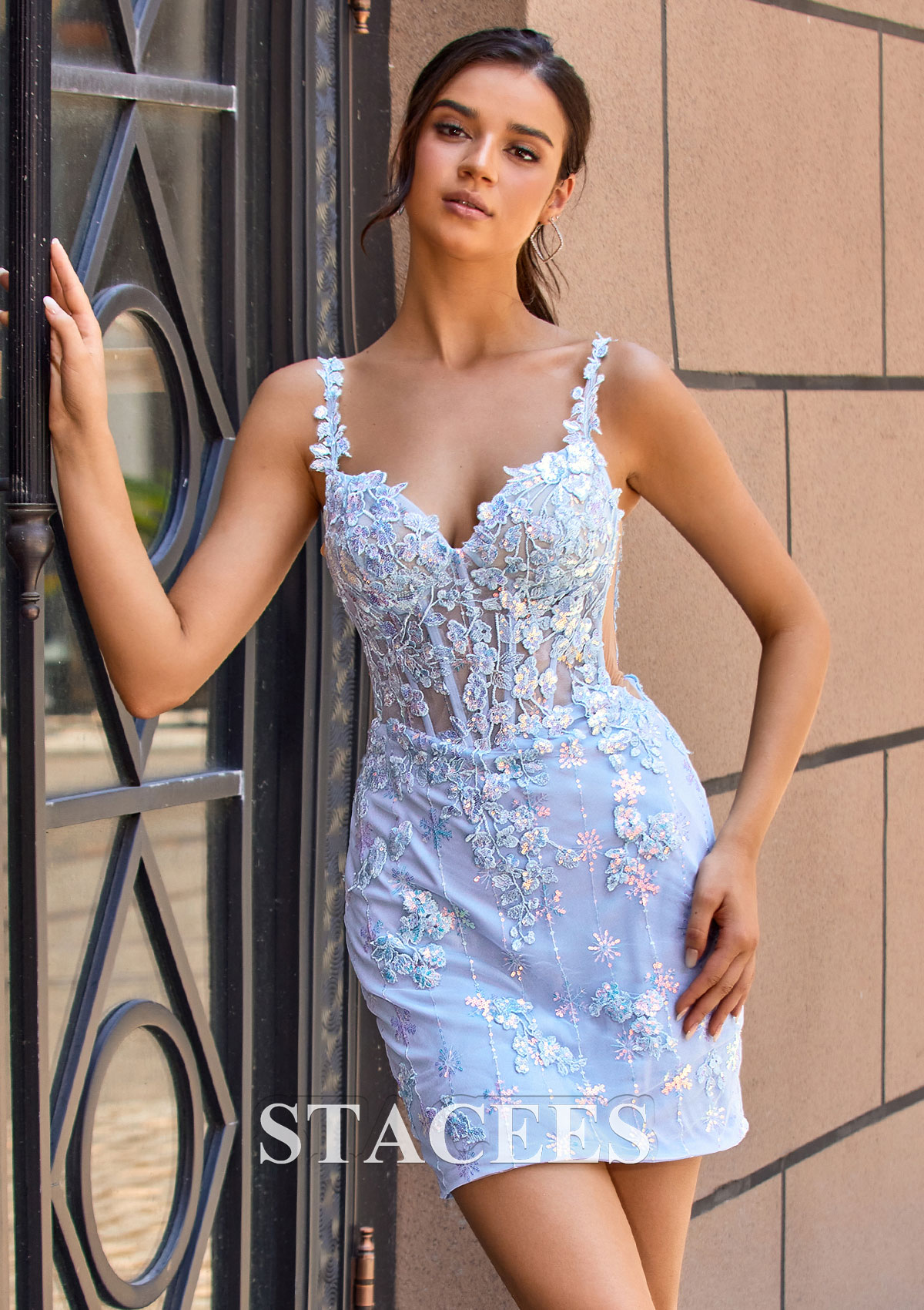 Sky Blue Sheath/Column V Neck Tulle Short/Mini Homecoming Dress with Appliqued Sequins - STACEES