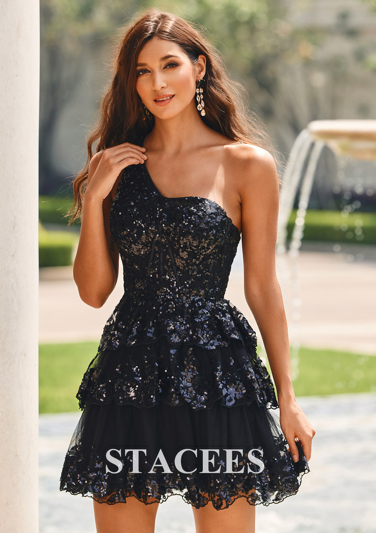 Noir Robe trapèze une épaule tulle courte/mini robe de fête de la rentrée - STACEES