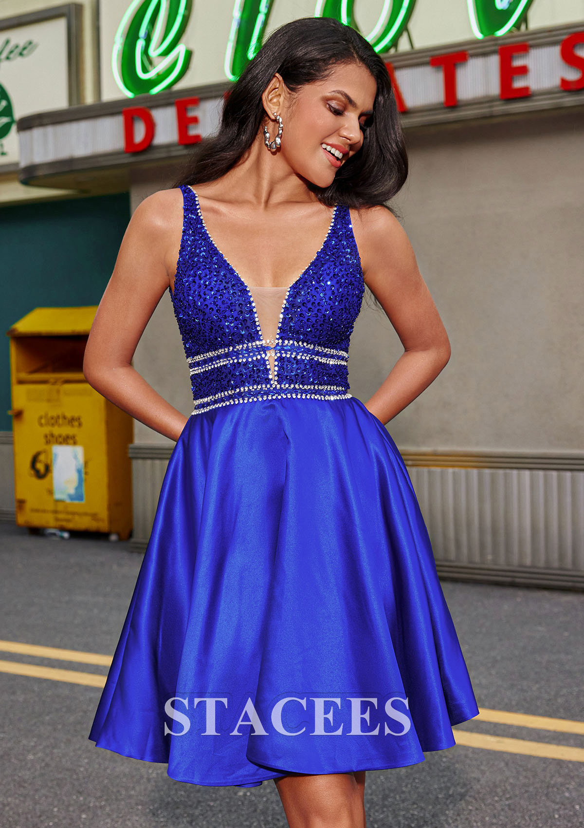 Royal Blue A-line V Neck Short/Mini Satin Homecoming Dress with Beading Crystal Sequins - STACEES
