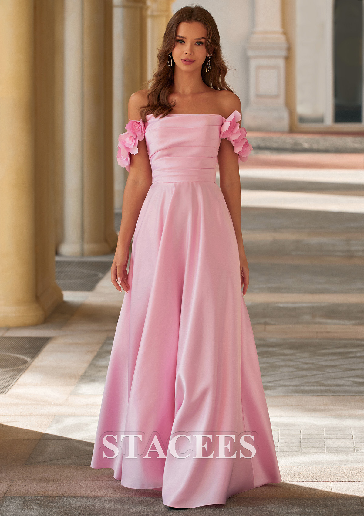 Rose Bonbon Trapèze épaule dénudée satin longueur ras du sol robe de bal avec fleurs plissé poches - STACEES
