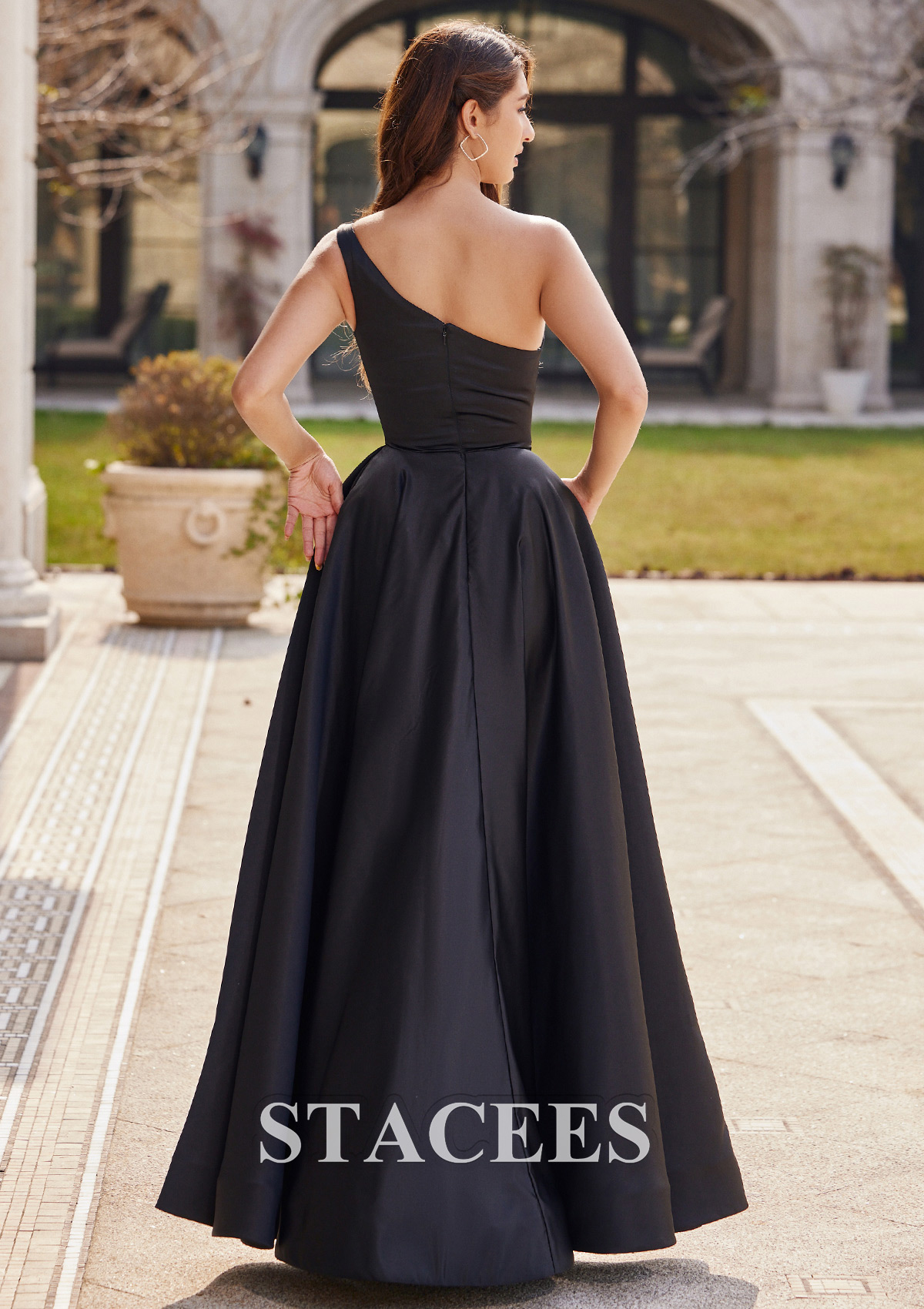 Black A-line One-Shoulder Floor-Length Satin Prom Dress with Pockets Split - STACEES