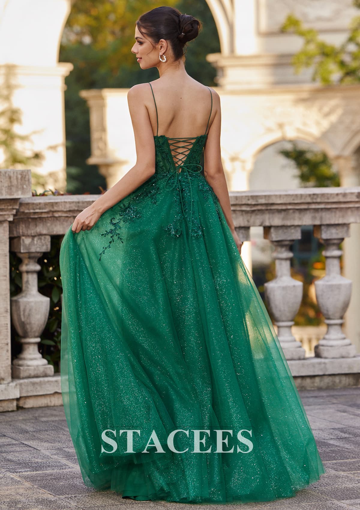 Dark Green A-line Princess V Neck Floor-Length Tulle Prom Dress with Appliqued Sequins Glitter - STACEES
