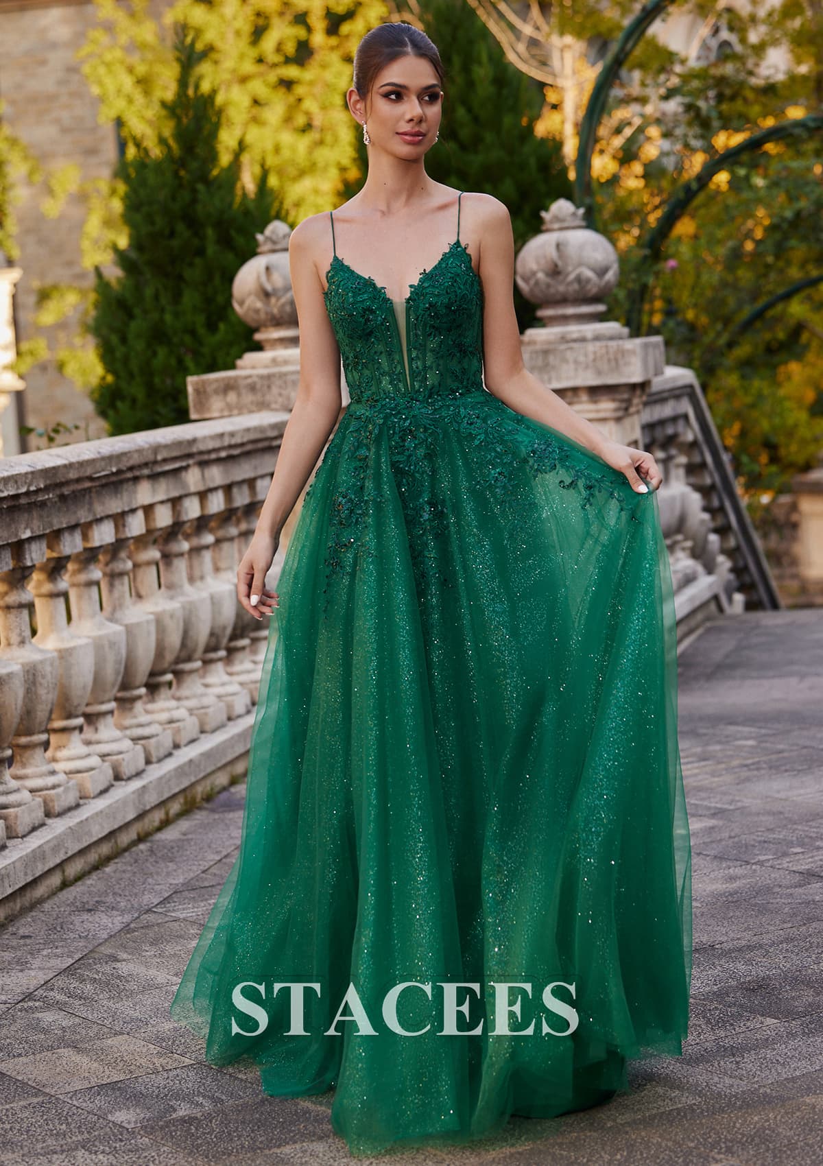 Dark Green A-line Princess V Neck Floor-Length Tulle Prom Dress with Appliqued Sequins Glitter - STACEES