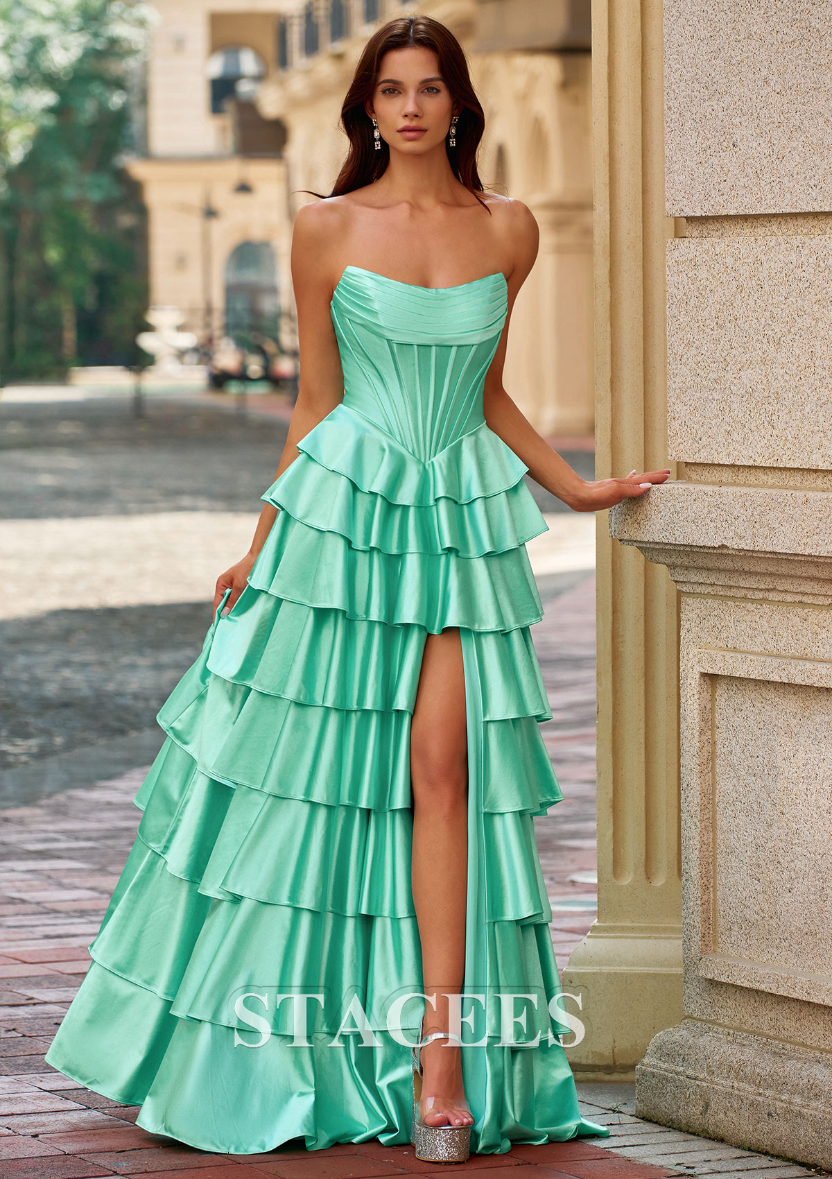 Mint Green A-line Strapless Tiered Ruffle Prom Dress with Ruched Corset High Slit - STACEES