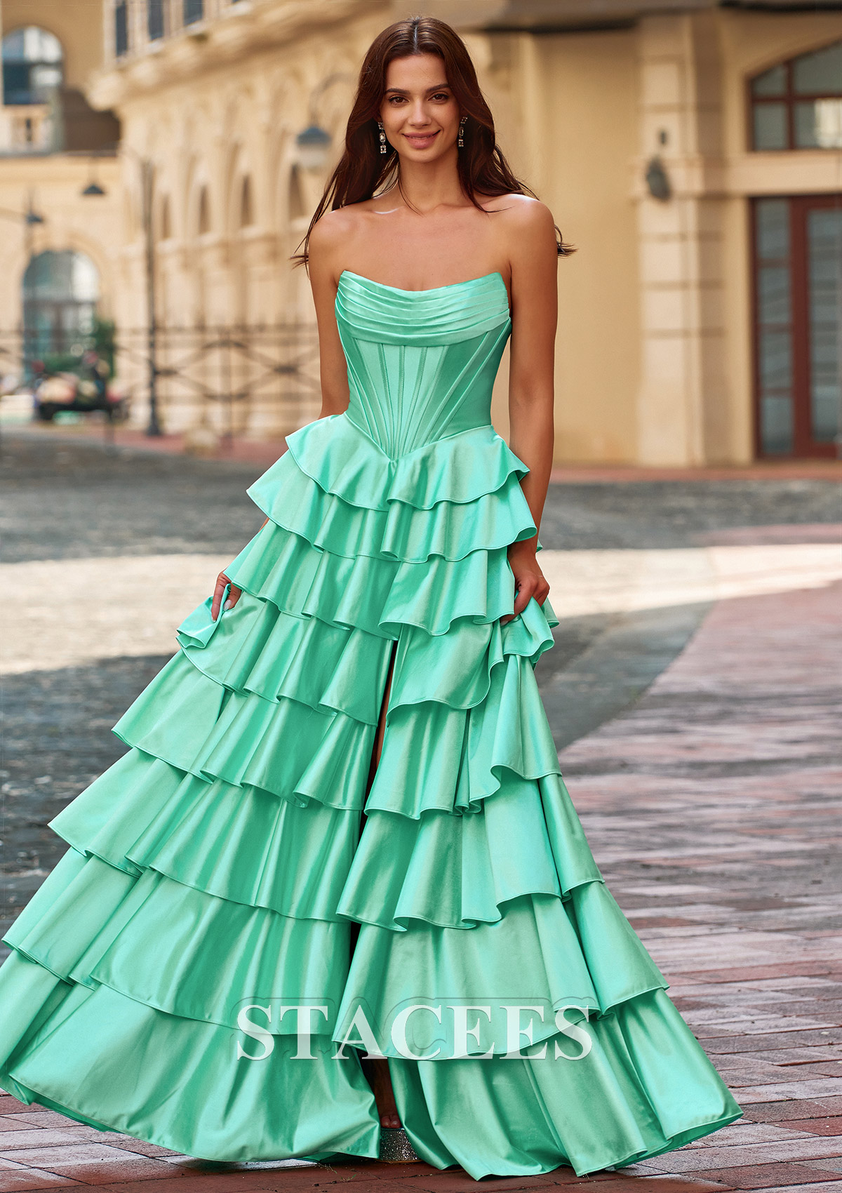Mint Green A-line Strapless Tiered Ruffle Prom Dress with Ruched Corset High Slit - STACEES