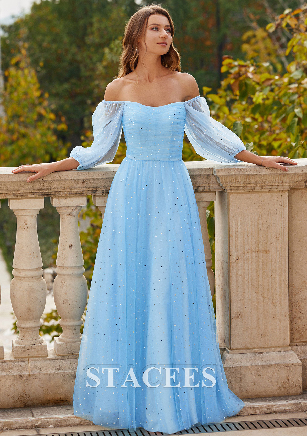 Bleu Ciel Robe trapèze carrée tulle ras du sol robe de bal - STACEES