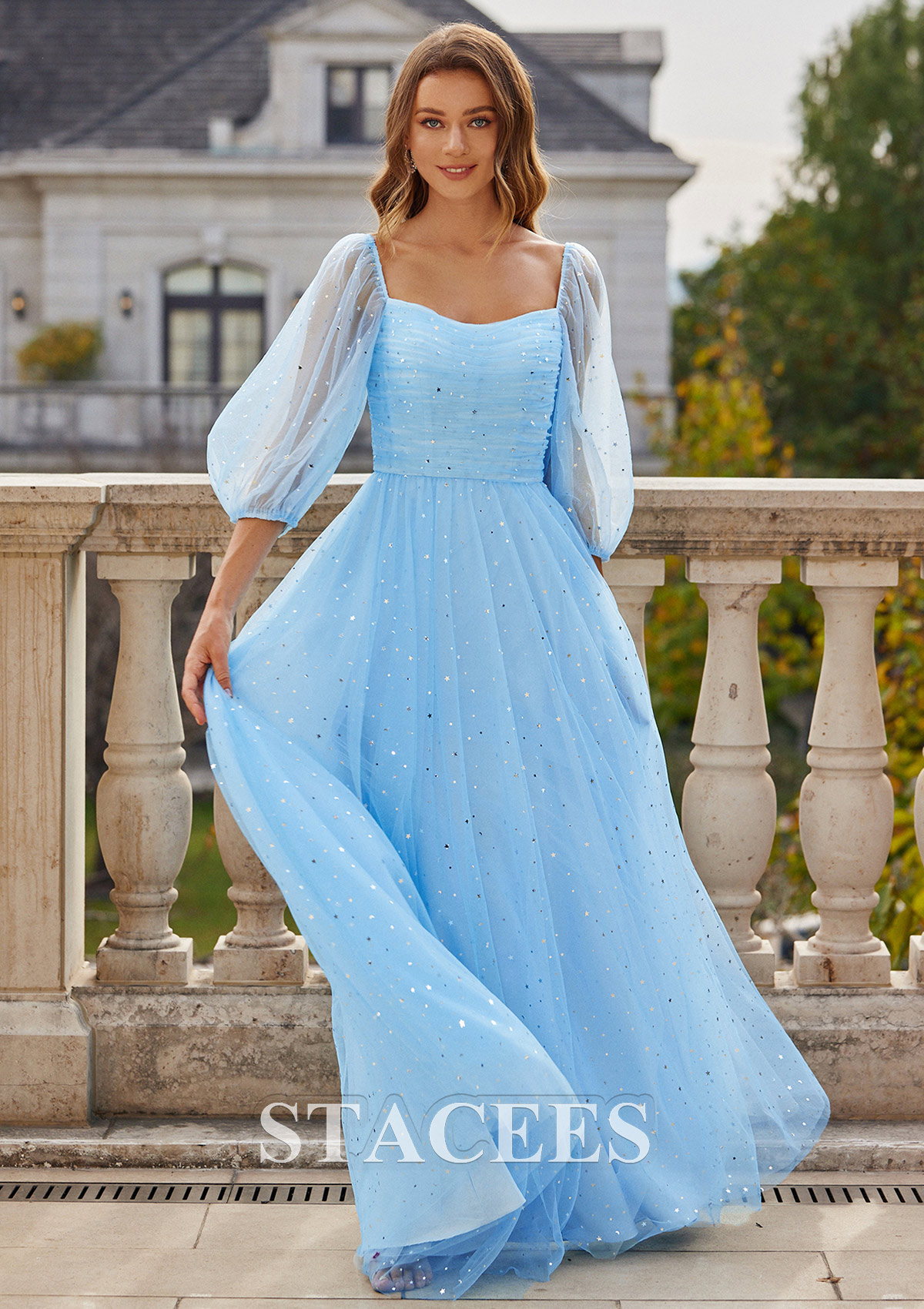 Bleu Ciel Robe trapèze carrée tulle ras du sol robe de bal - STACEES