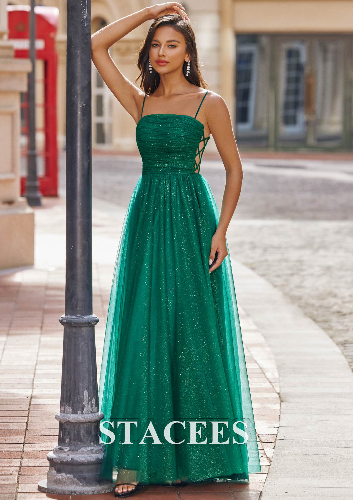 Dark Green A-line Square Neckline Sleeveless Sweep Train Tulle Prom Dress with Pleated Glitter - STACEES