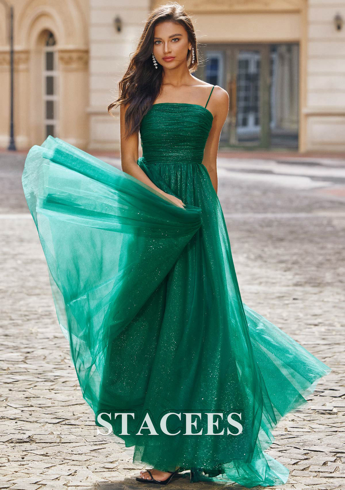 Dark Green A-line Square Neckline Sleeveless Sweep Train Tulle Prom Dress with Pleated Glitter - STACEES