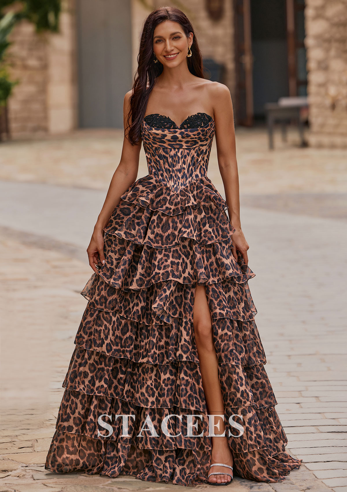 Cheetah Print Vestido línea a cuello de corazón gasa hasta el suelo vestido de graduación - STACEES