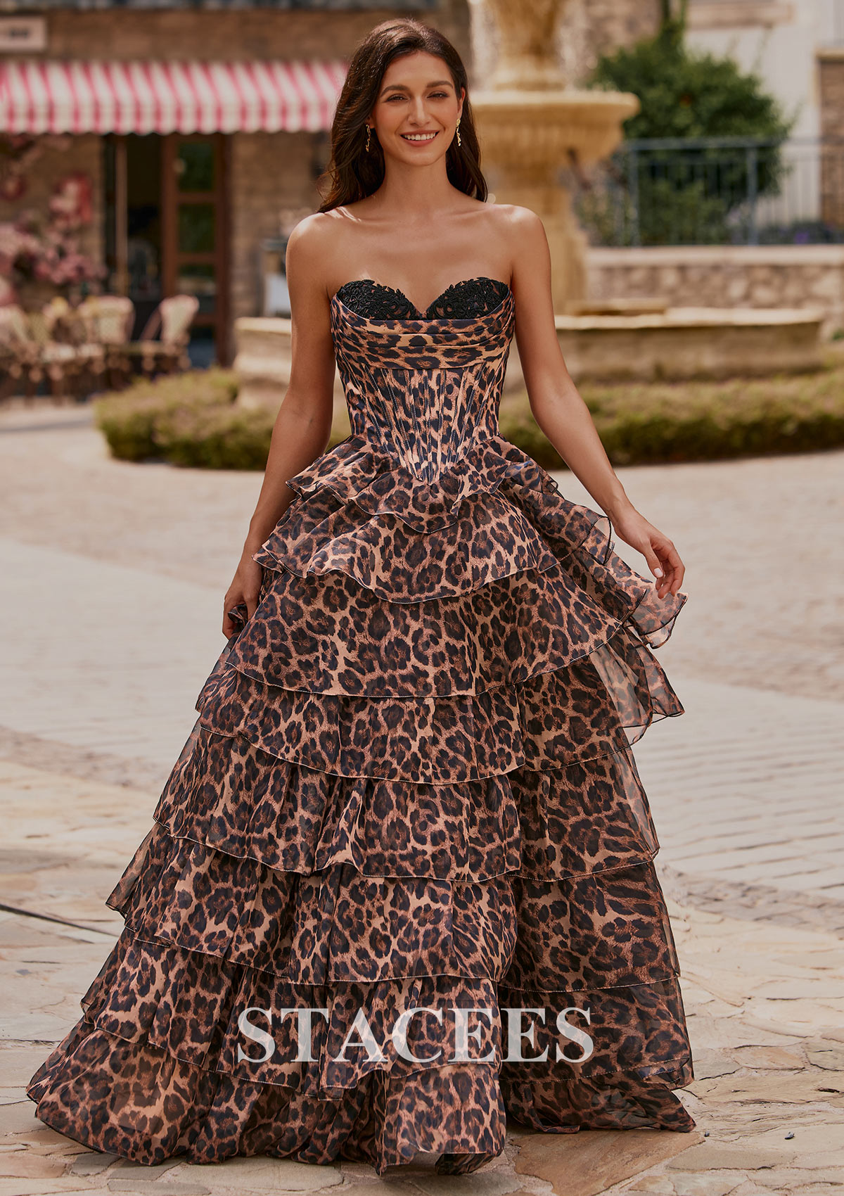 Cheetah Print Vestido línea a cuello de corazón gasa hasta el suelo vestido de graduación - STACEES