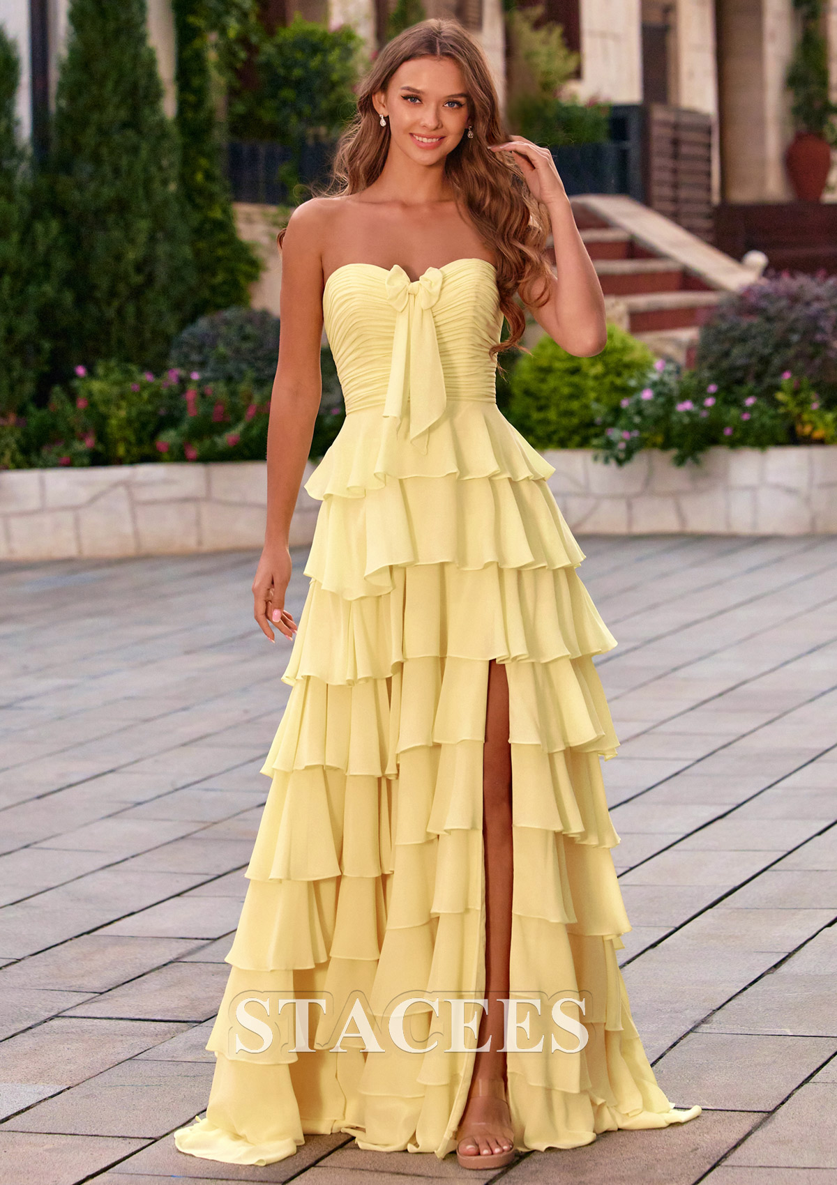 Daffodil Strapless A-line Sweetheart Tiered Ruffle Ruched Chiffon Prom Dress with Slit - STACEES