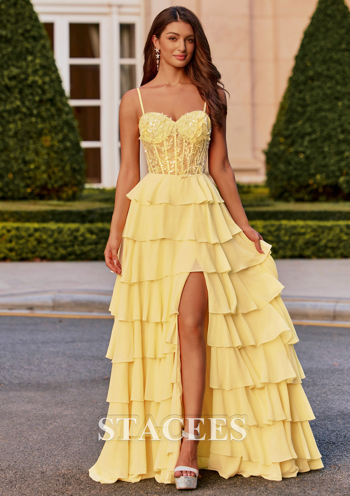 Yellow A-line Sheer Floral Appliques Corset Chiffon Tiered Ruffle Slit Prom Dress - STACEES