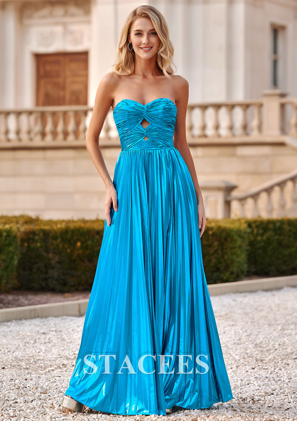 Blue Vestido línea a cuello de corazón metálico hasta el suelo vestido de graduación - STACEES