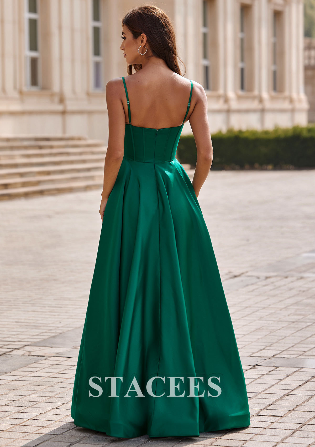 Dark Green A-line Spaghetti Straps Satin Corset Slit Prom Dress with Pockets - STACEES