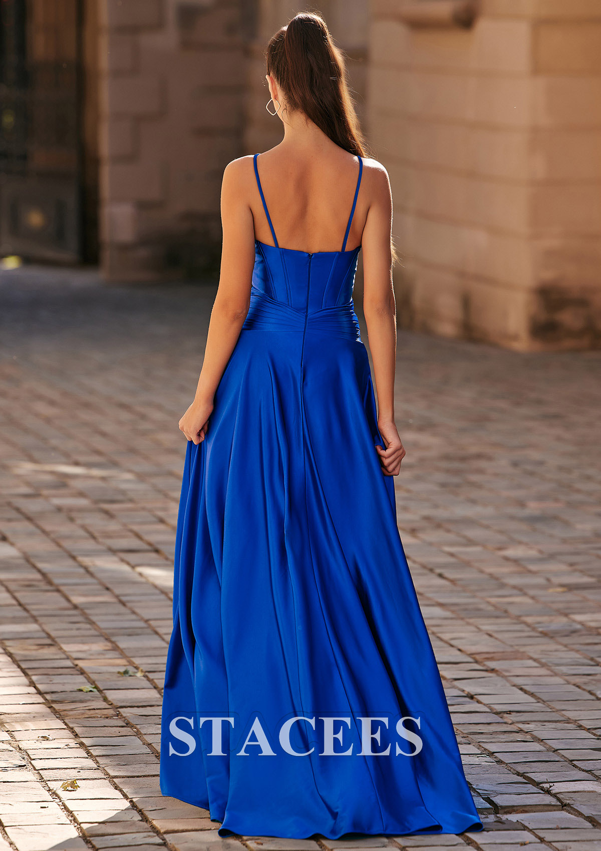 Royal Blue A-line Pleated Slit Prom Dress with Detachable Spaghetti Straps - STACEES