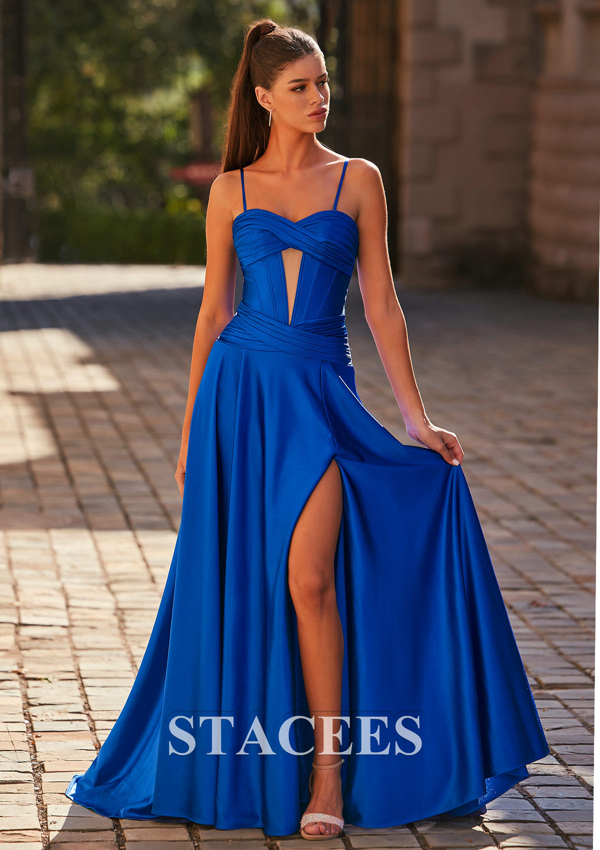 Royal Blue A-line Pleated Slit Prom Dress with Detachable Spaghetti Straps - STACEES