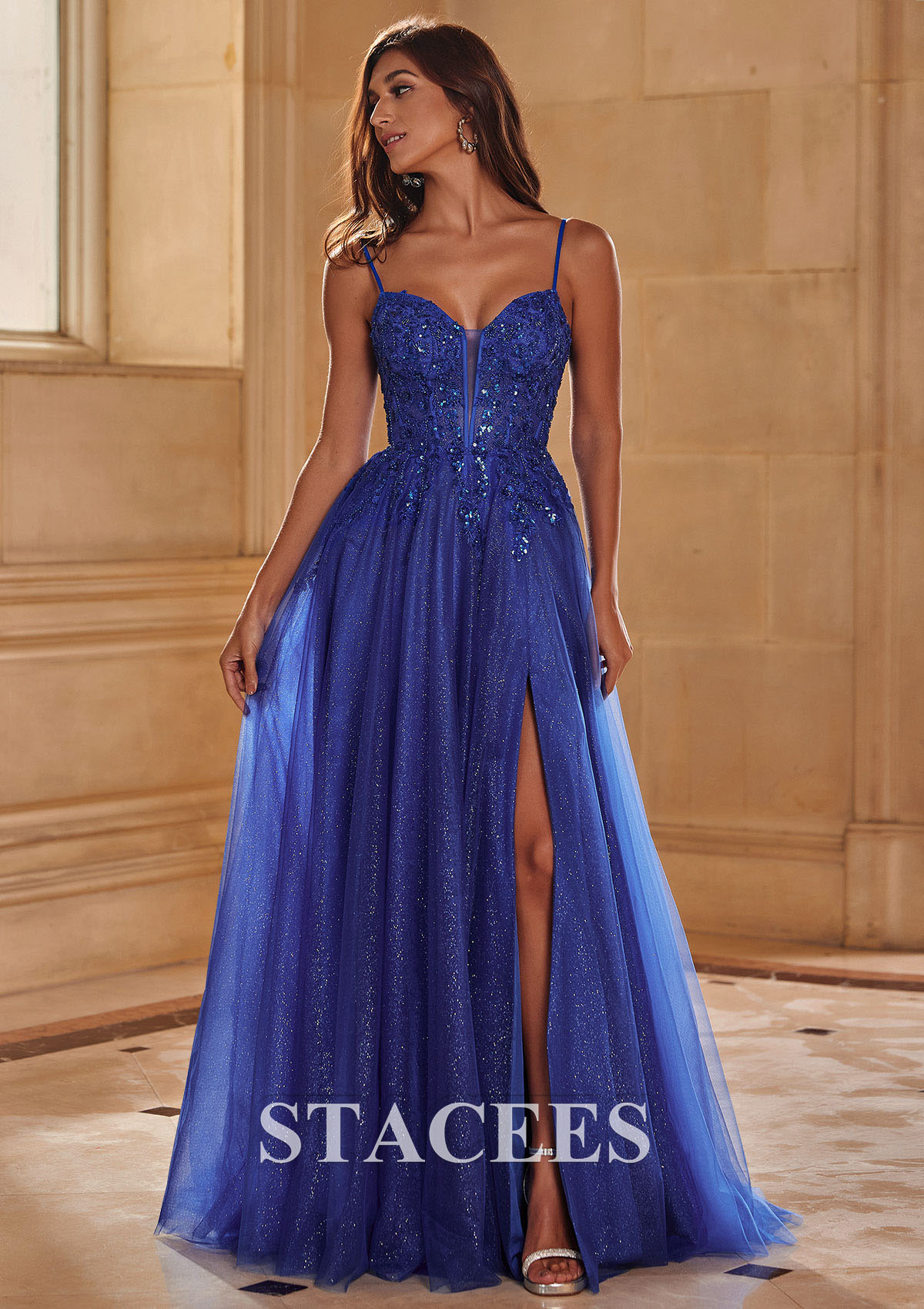 Royal Blue A-line V Neck Spaghetti Straps Corset Slit Glitter Tulle Prom Dress - STACEES