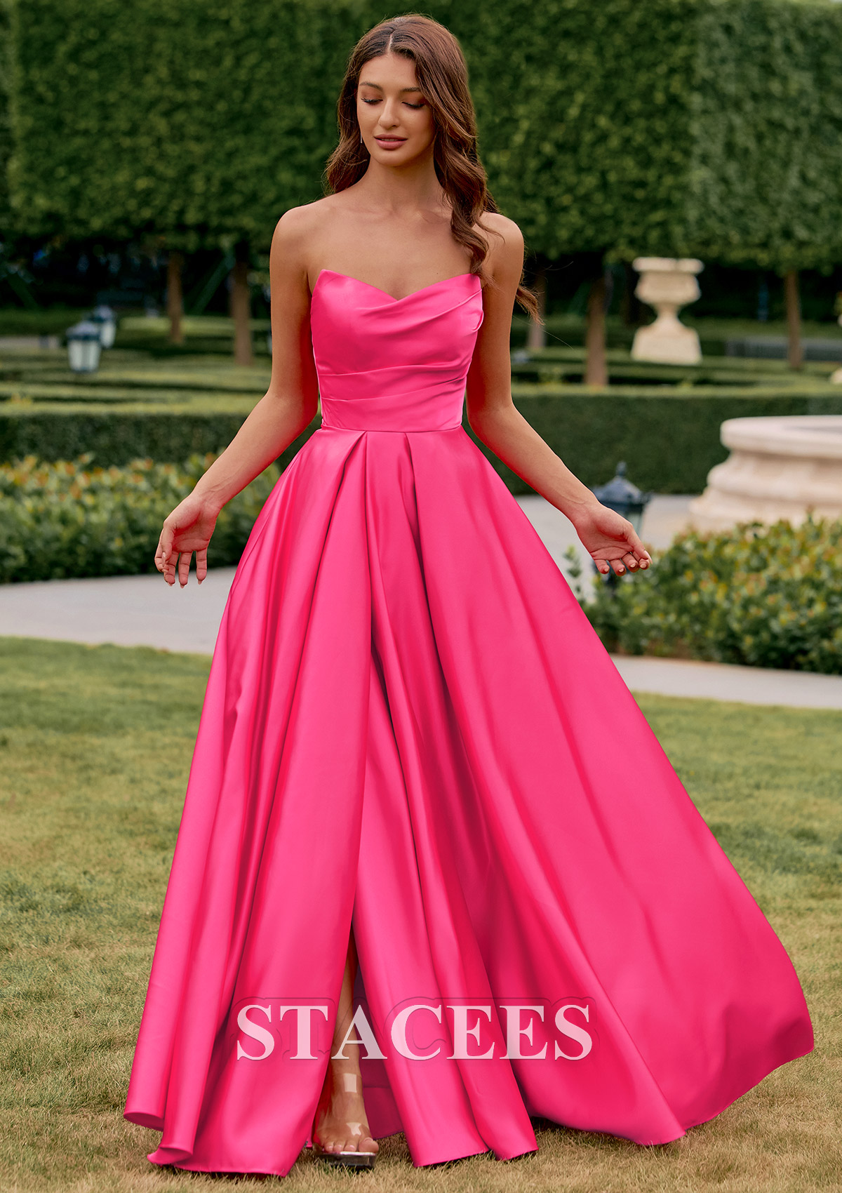 Azalea Vestido línea a escote en v satén hasta el suelo vestido de graduación - STACEES