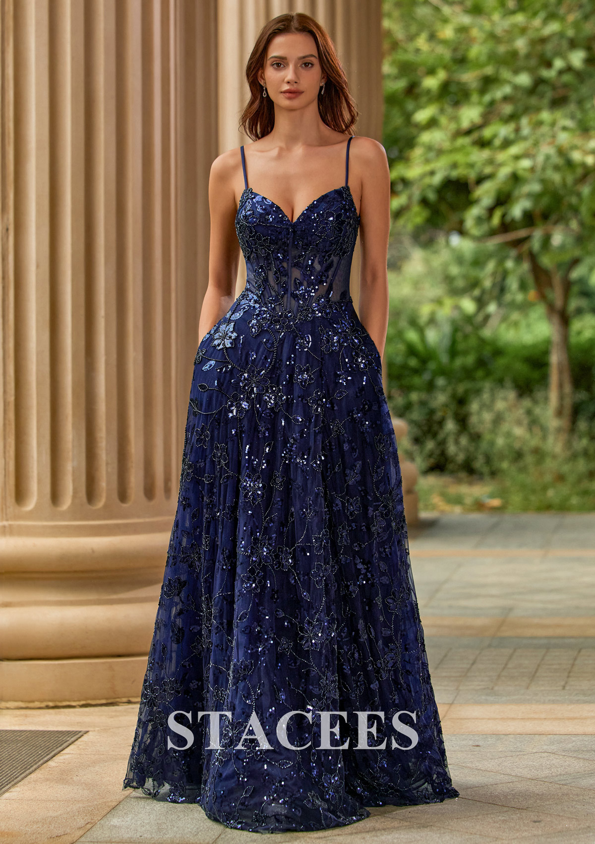 Bleu marine foncé Trapèze col en v paillettes longueur ras du sol robe de bal avec perles fendue - STACEES