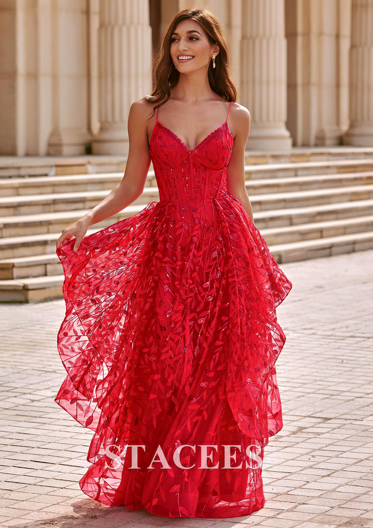 Rouge Trapèze col en v tulle ras du sol robe de bal - STACEES