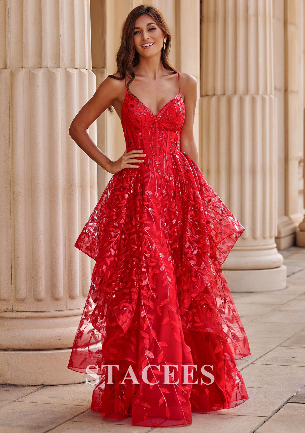 Rouge Trapèze col en v tulle ras du sol robe de bal - STACEES