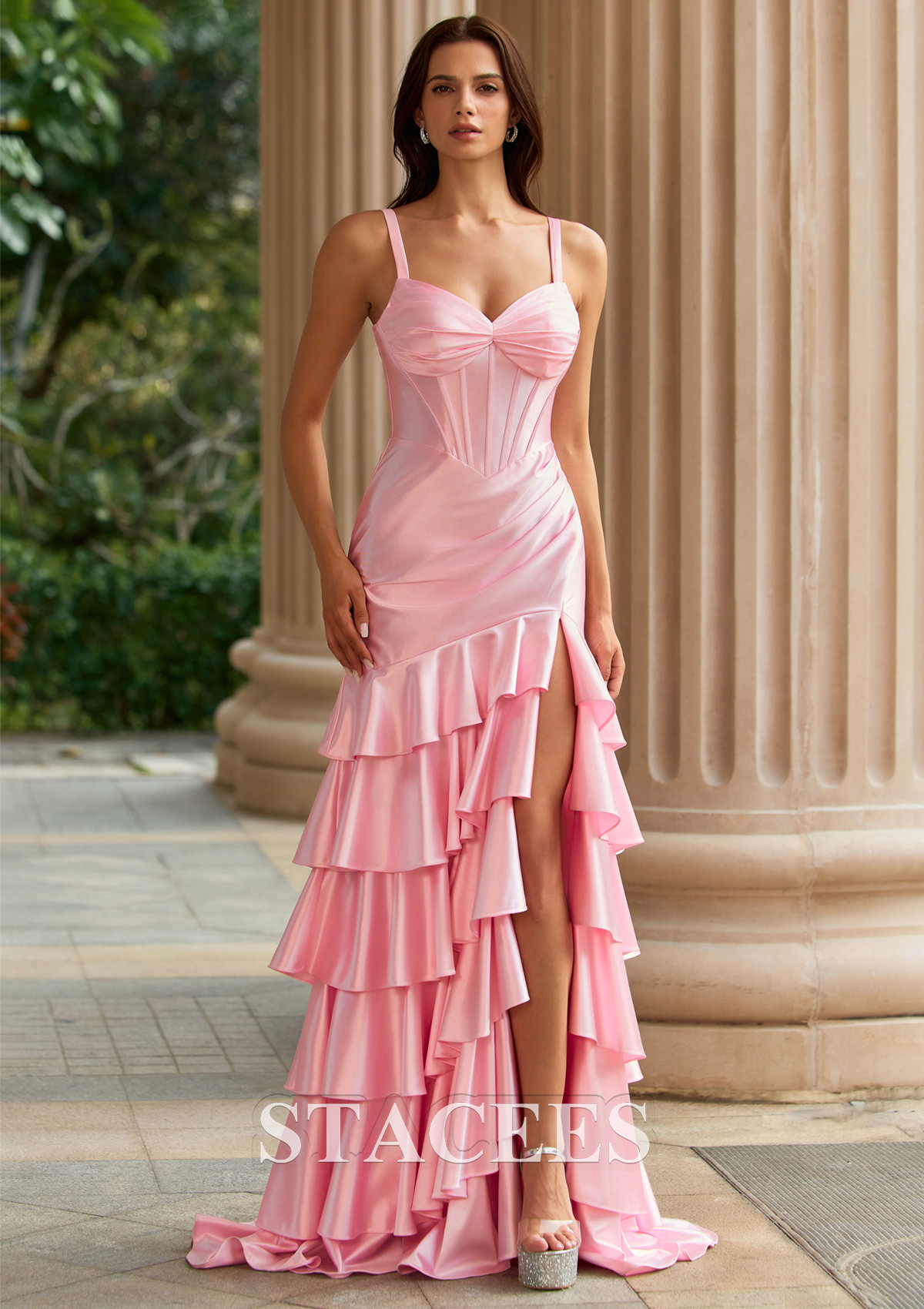 Blushing Pink Halter Ruched Corset Tiered Ruffle Sweep Train Prom Dress with High Slit - STACEES