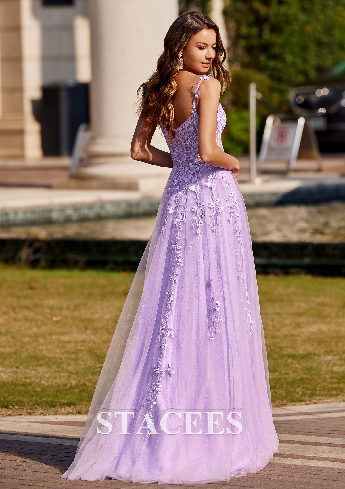 Lilac A-line V Neck Sweep Train Tulle Prom Dress with Appliqued Beading - STACEES