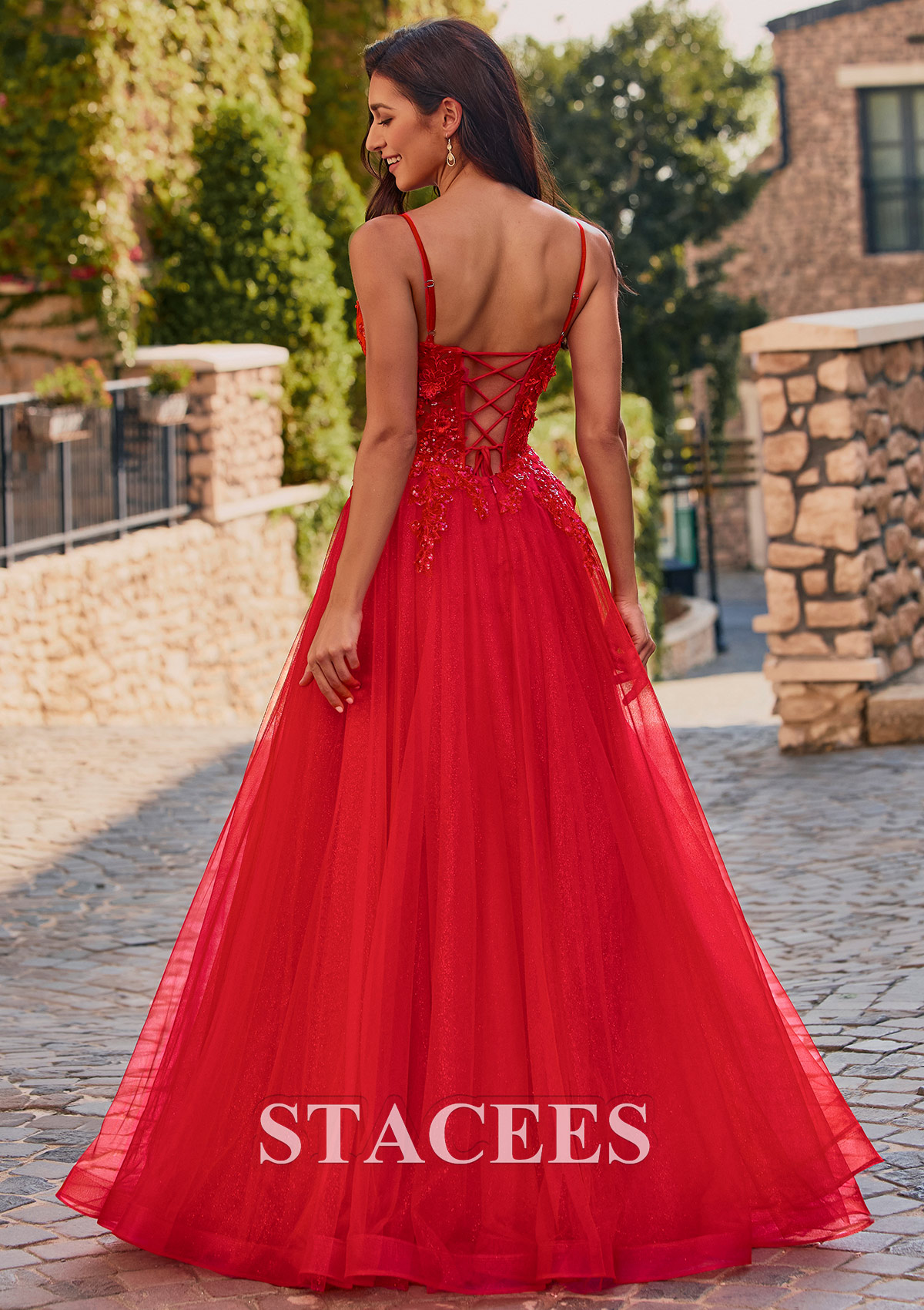 Rouge Trapèze col en v tulle longueur ras du sol robe de bal avec appliqué fleurs paillettes - STACEES