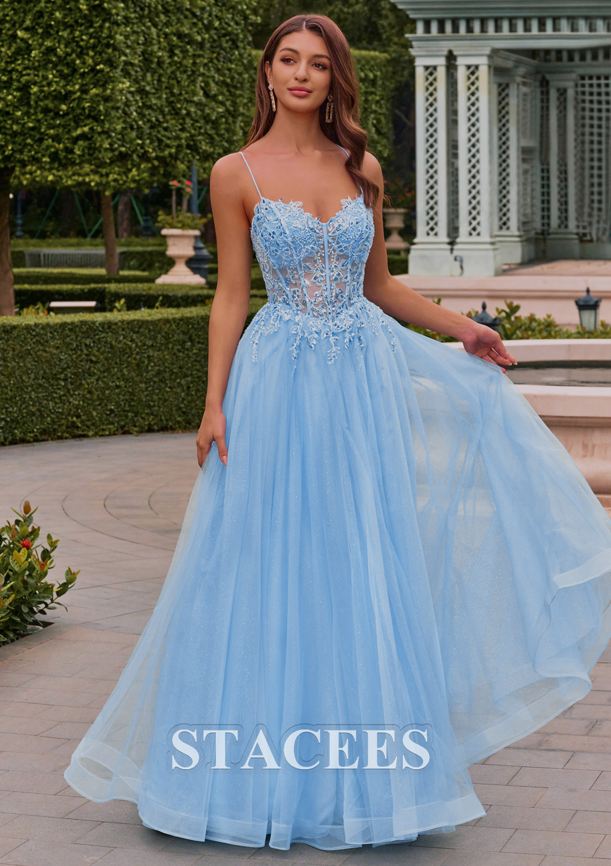 blue embroidered prom dress A-line Floral Sheer Corset Spaghetti Strap with Slit S8992P - Prom Dresses up Back Embellishment nov2025exclusions Khloe Kardashian Wears Same Neck:16