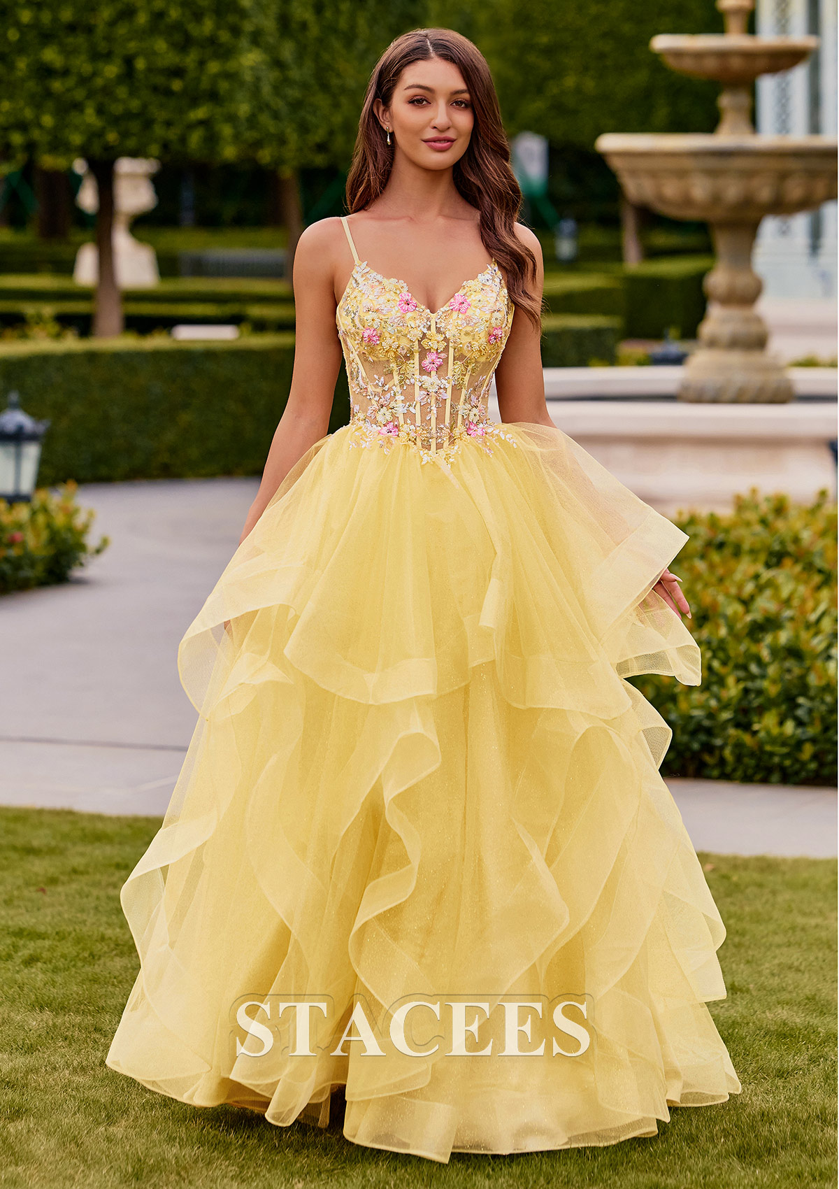 Jaune Trapèze col en v tulle longueur ras du sol robe de bal avec perles volants paillettes - STACEES