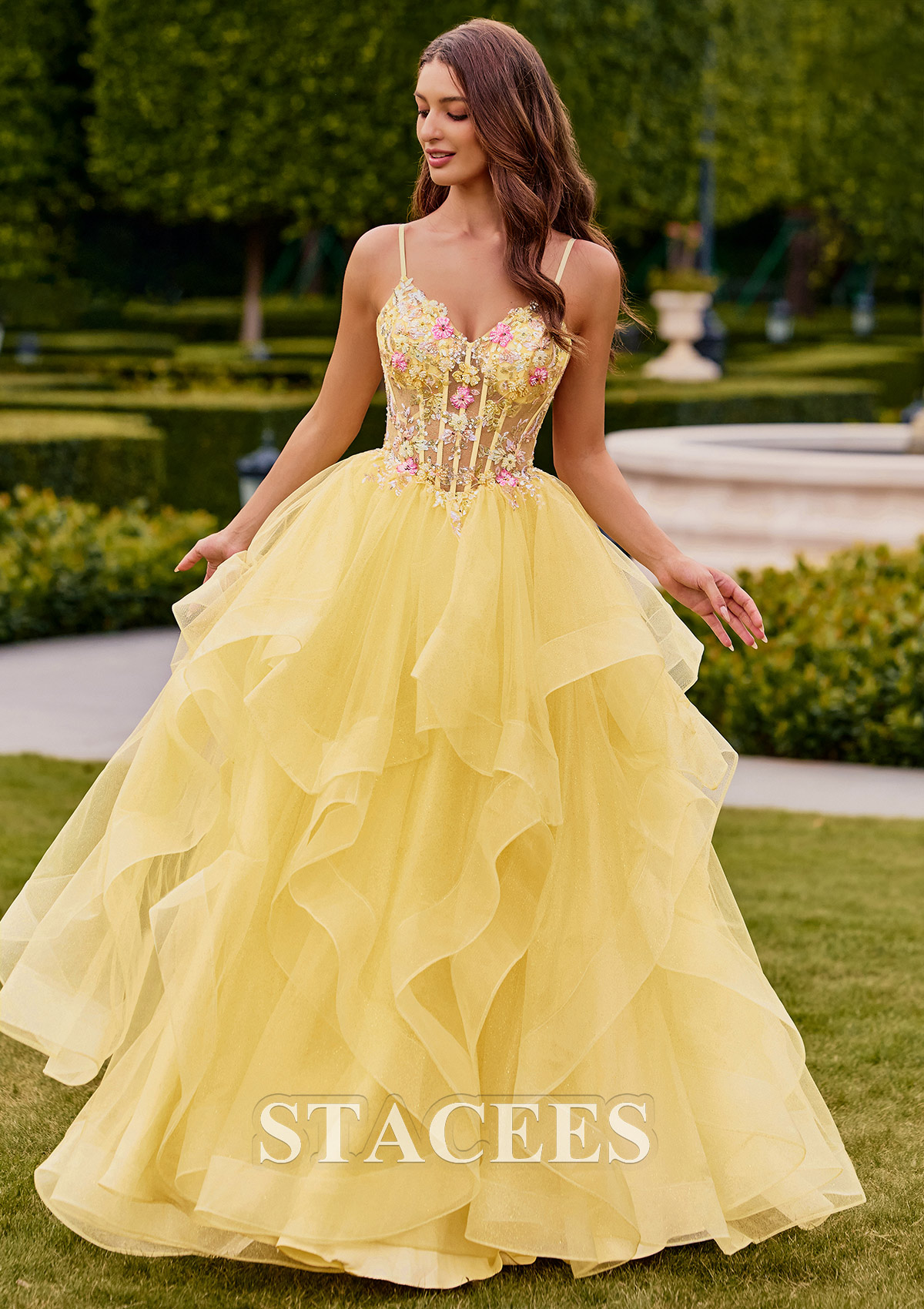 Jaune Trapèze col en v tulle longueur ras du sol robe de bal avec perles volants paillettes - STACEES