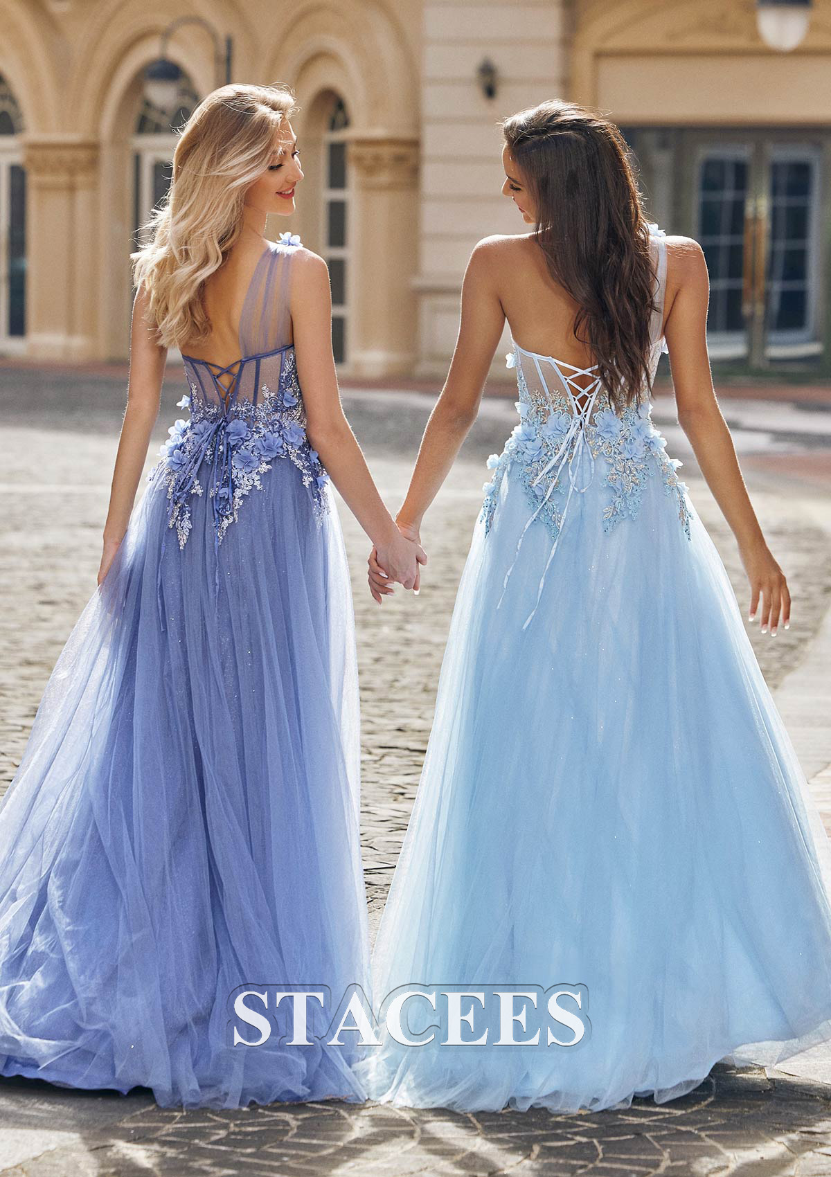 Dusty Blue A-line Princess One-Shoulder Sleeveless Sweep Train Tulle Prom Dress with Appliqued Beading Split - STACEES