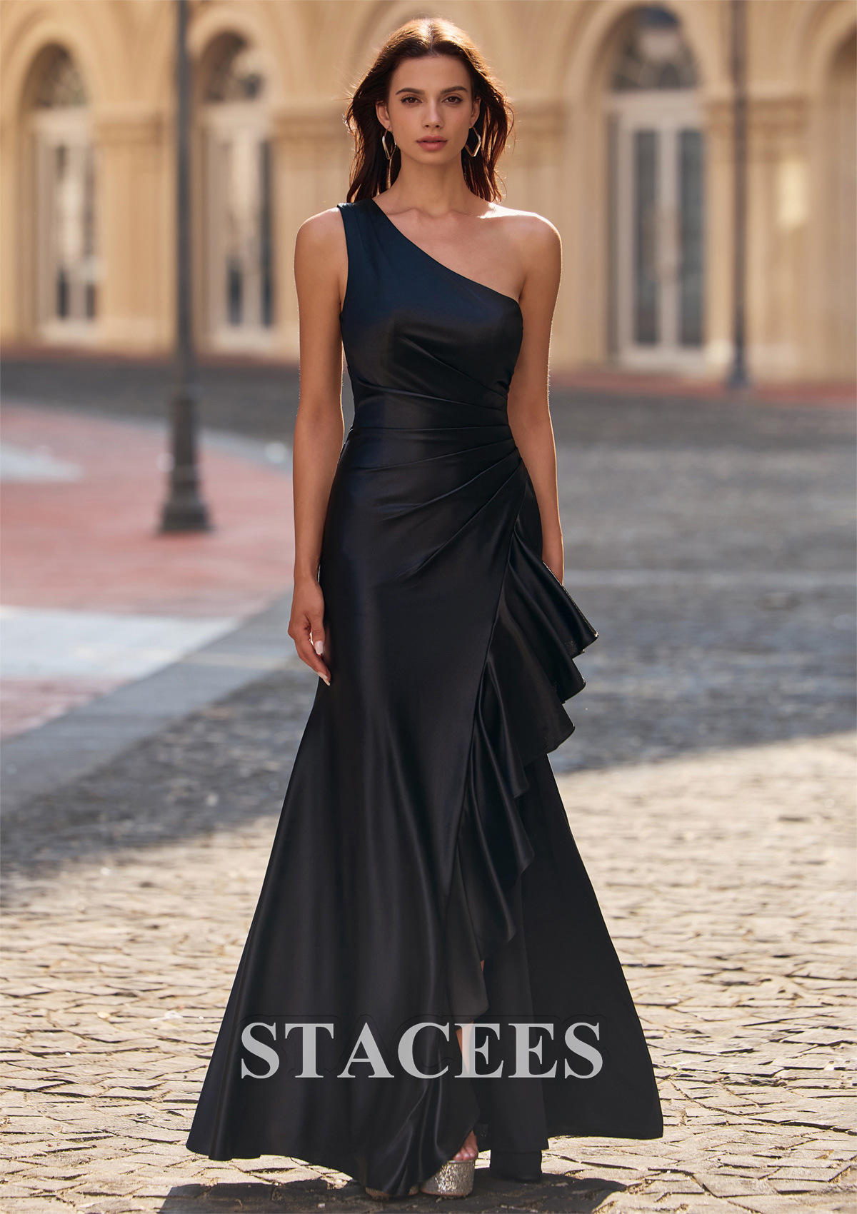 Black Fitted One-Shoulder Silk like Prom Dress with Ruffle Slit - STACEES