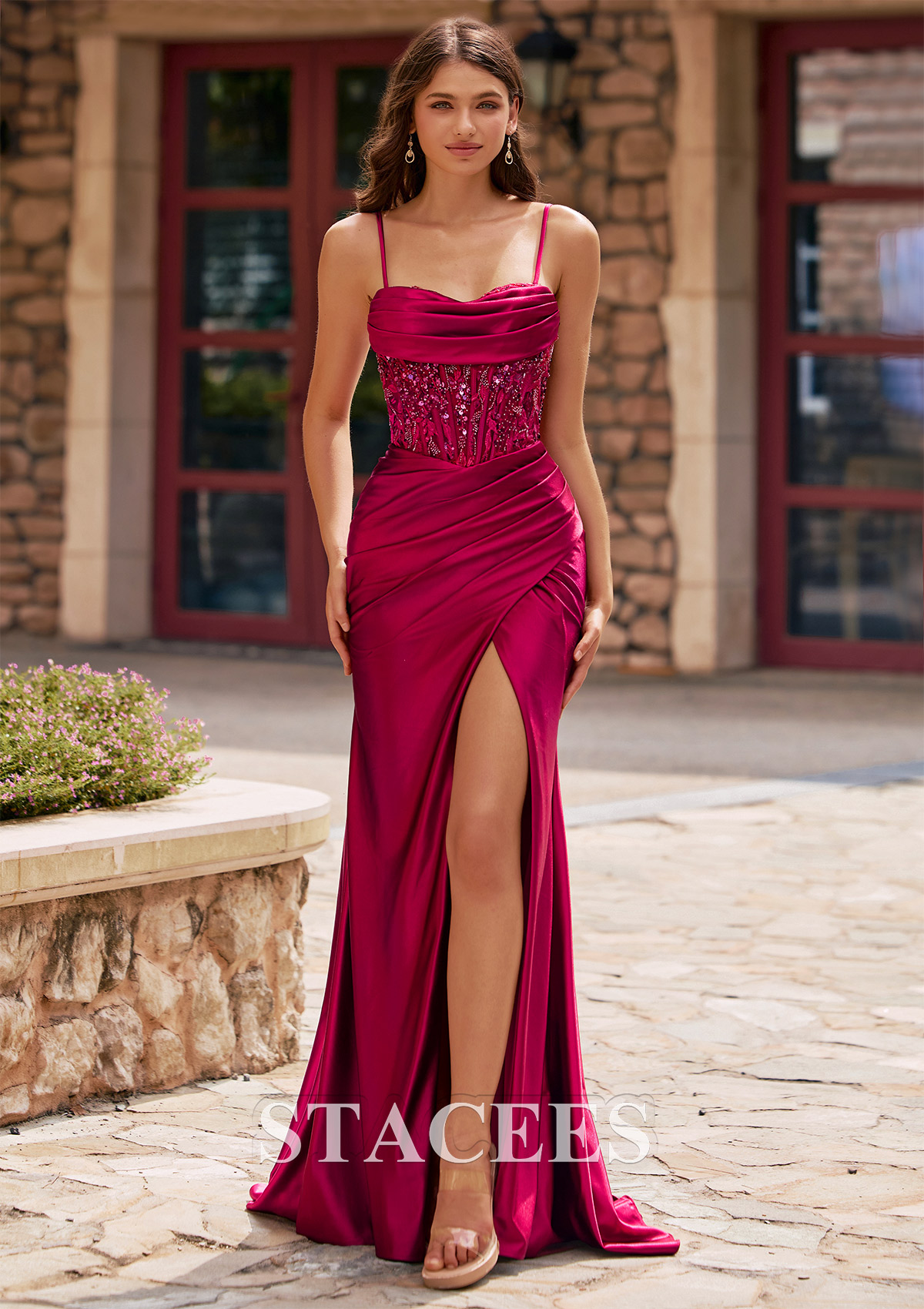 Burgundy Fitted Beaded Sequins Ruched Corset Slit Prom Dress - STACEES