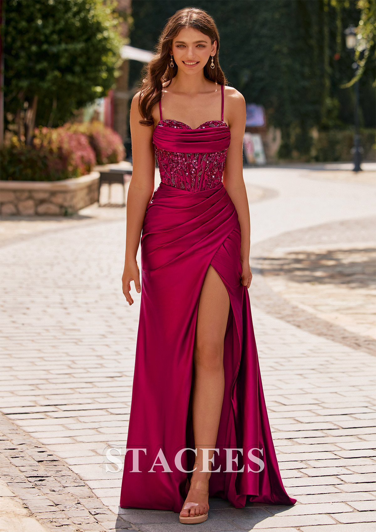 Burgundy Fitted Beaded Sequins Ruched Corset Slit Prom Dress - STACEES