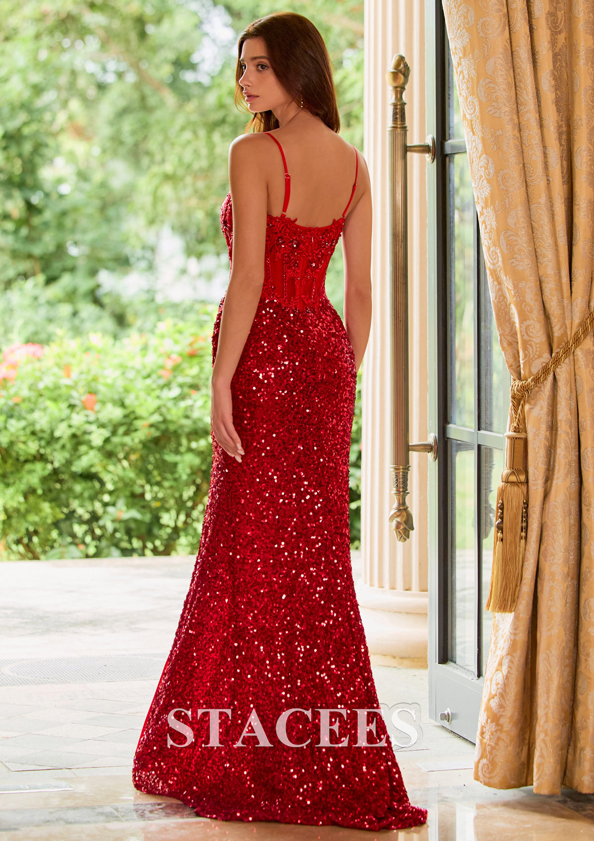 Red Fitted Beaded Corset Sequin Prom Dress with Spaghetti Straps and High Slit - STACEES