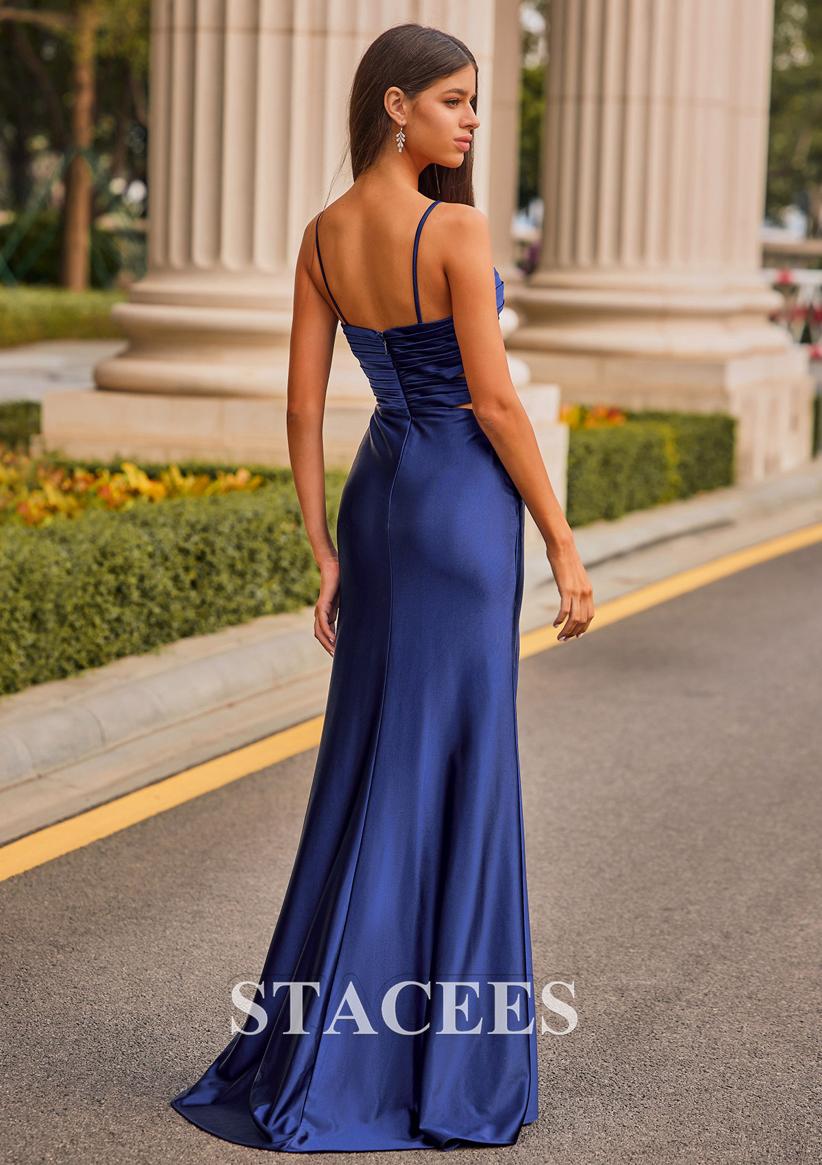 blue satin prom dress Stacees Blushing Pink Fitted Spaghetti Strap with Cutout Waist High Slit Womens Yours Curve Black 2025 SH SUMMER SHOP Size:12 US Up back Embellishment