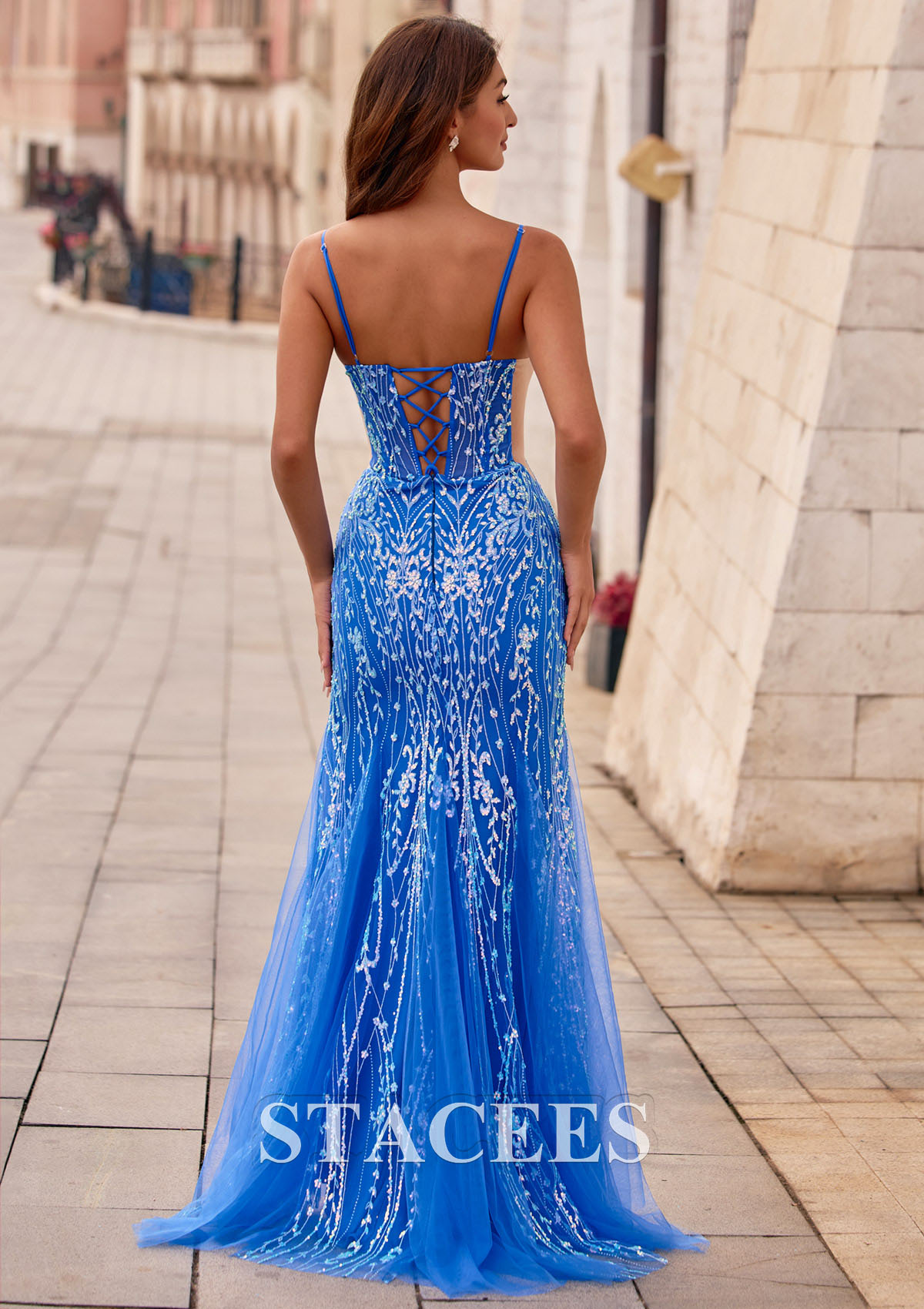 Bleu Océan Fourreau col en v tulle traîne balayage robe de bal avec paillettes fendue paillettes - STACEES