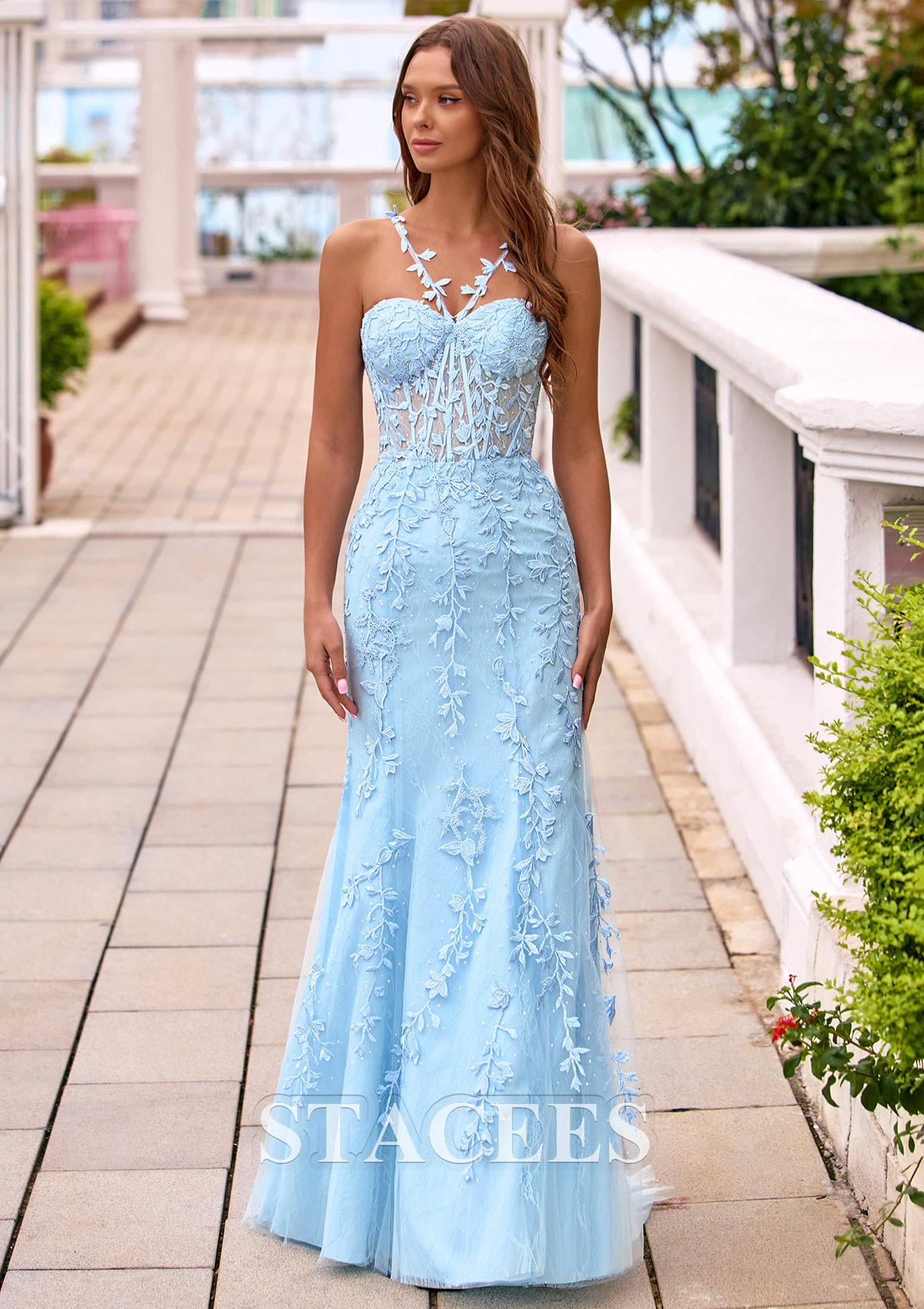 Mermaid Halter Leaf Lace Straps Sheer Boned Corset Prom Dress S8946P - Prom Dresses