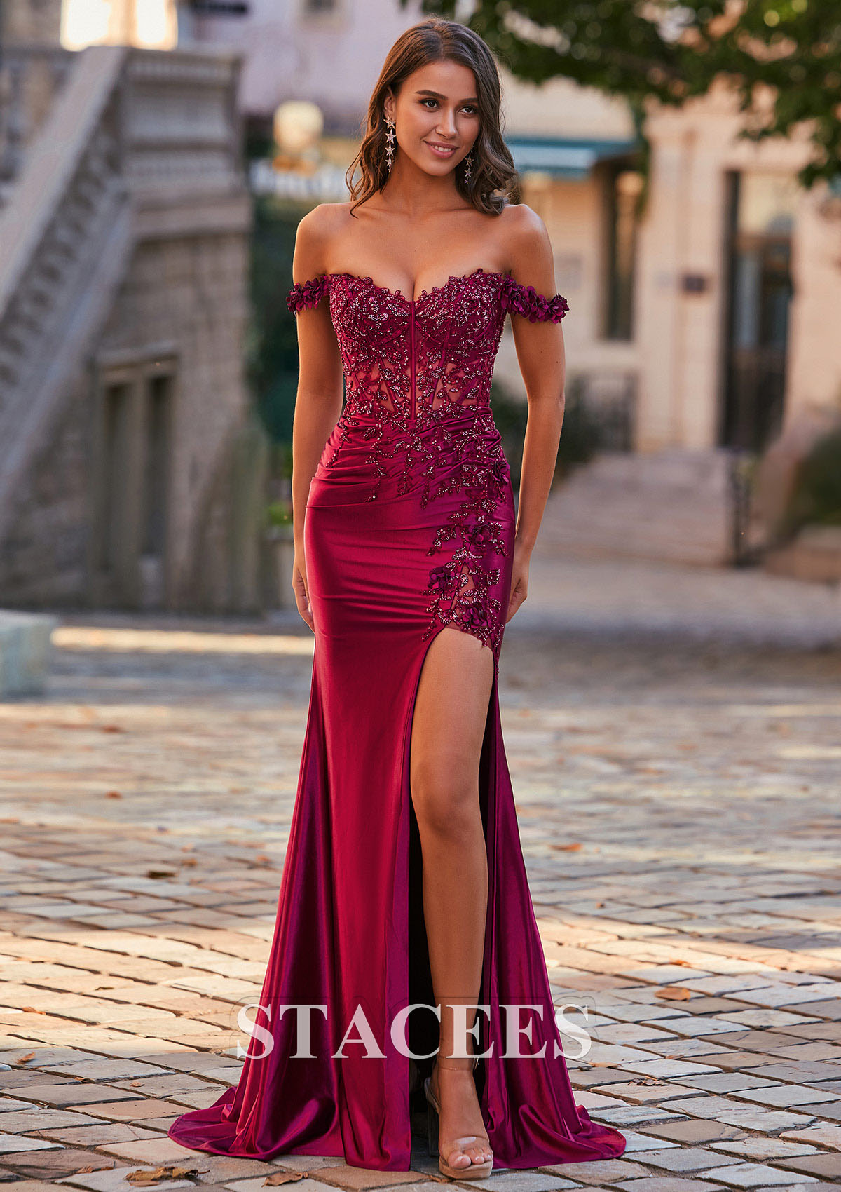 Bordeaux Trumpette/Sirène épaule dénudée soie comme du satin traîne balayage robe de bal  - STACEES