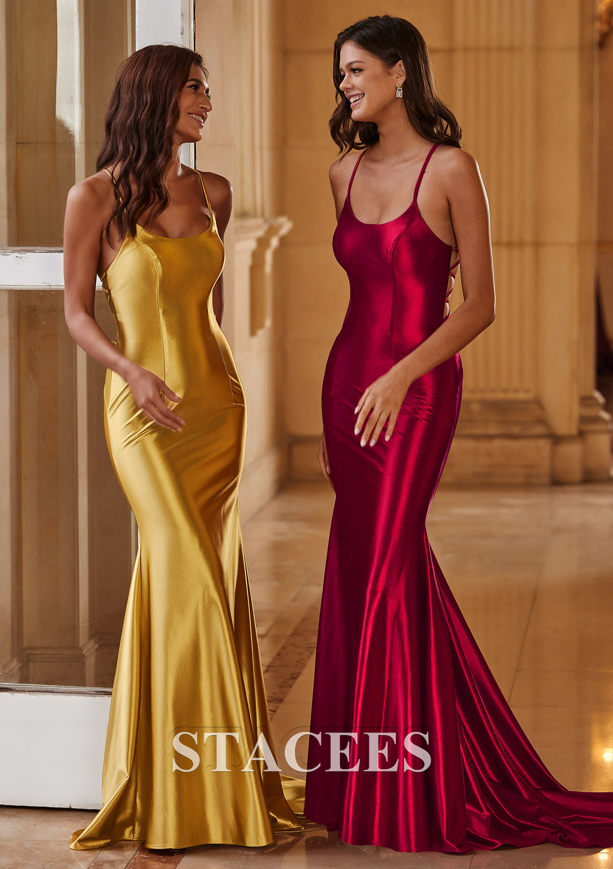 Gold Mermaid Tight Open Tie-Back Ruched Silk like Satin Prom Dress with Spaghetti Straps - STACEES