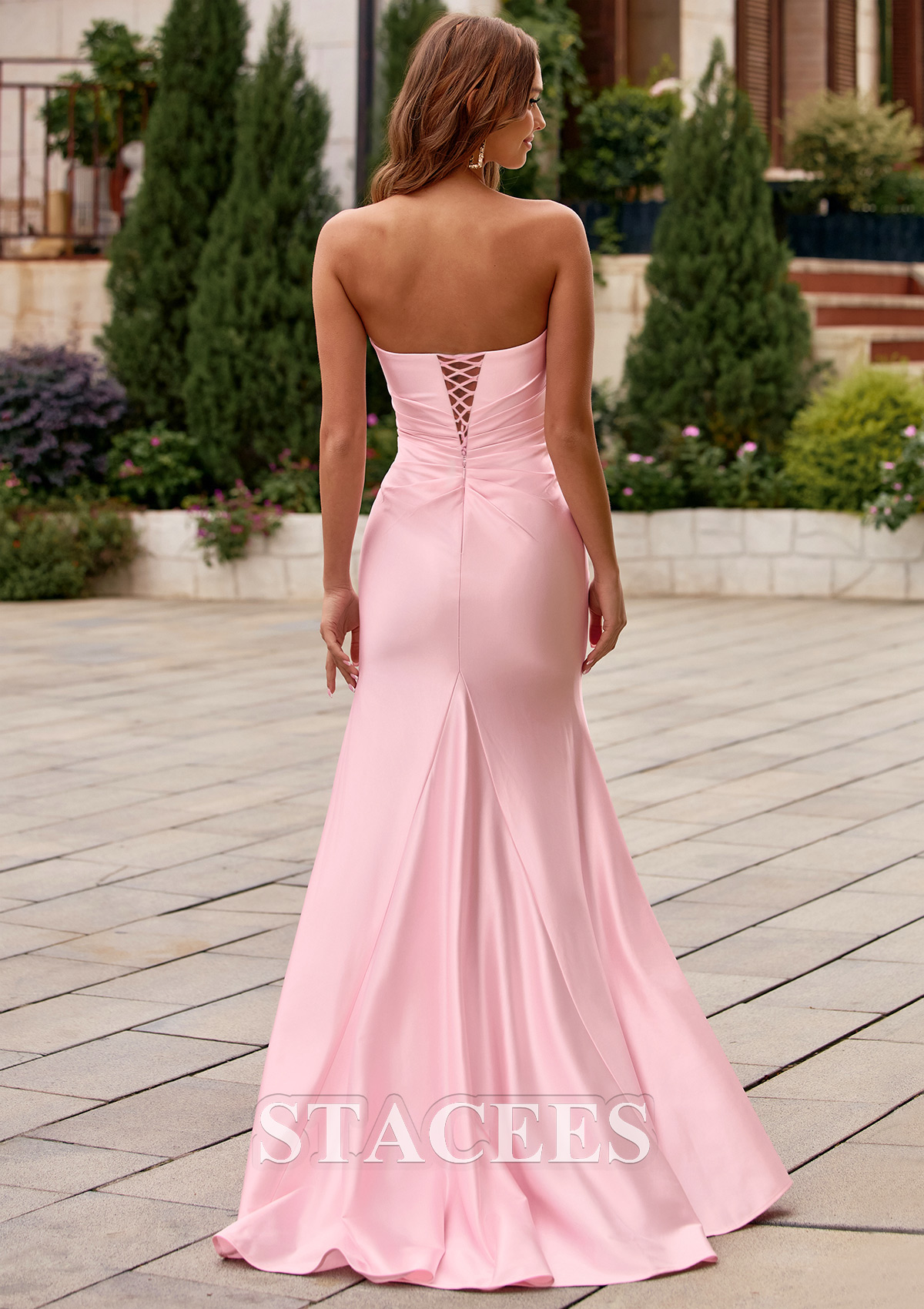Rose Rougissant Trumpette/Sirène carrée soie comme du satin traîne balayage robe de bal avec plissé volants - STACEES