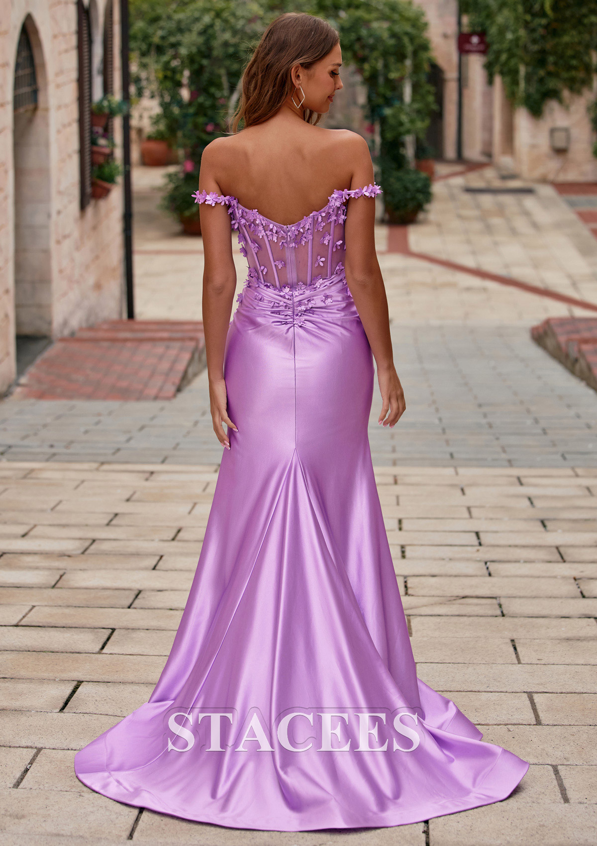 Lilas Trumpette/Sirène cache coeur soie comme du satin traîne balayage robe de bal avec perles fleurs - STACEES